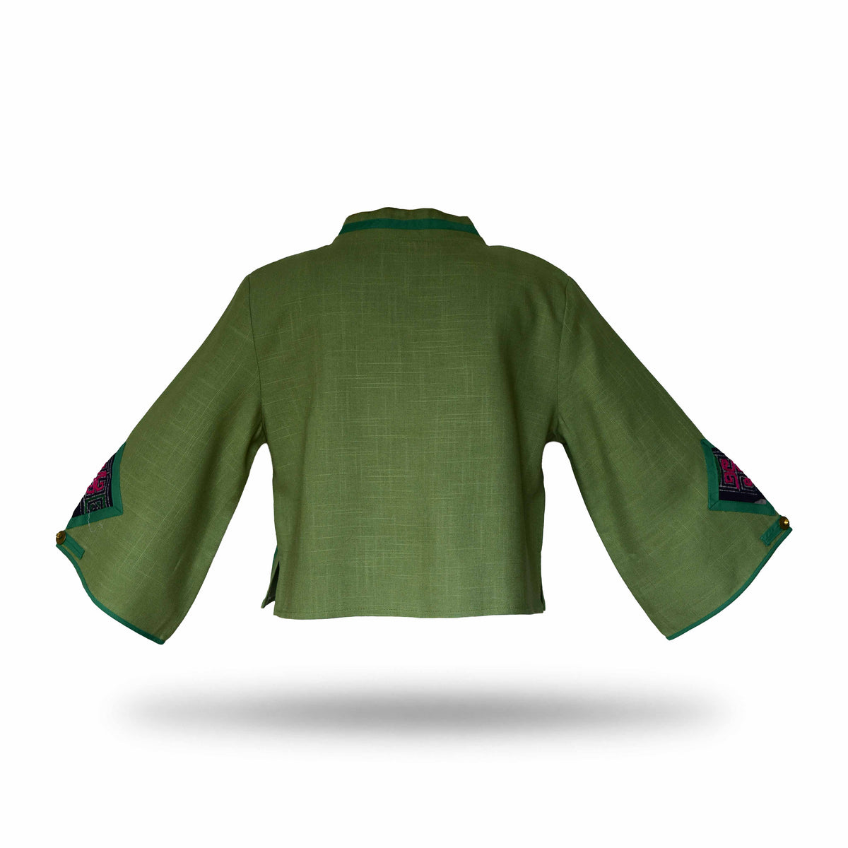 Handcrafted Modern-Style Hmong Hemp Top with Colorful Geometric Embroidered Panel from Chiang Mai Thailand - Lalanna Design