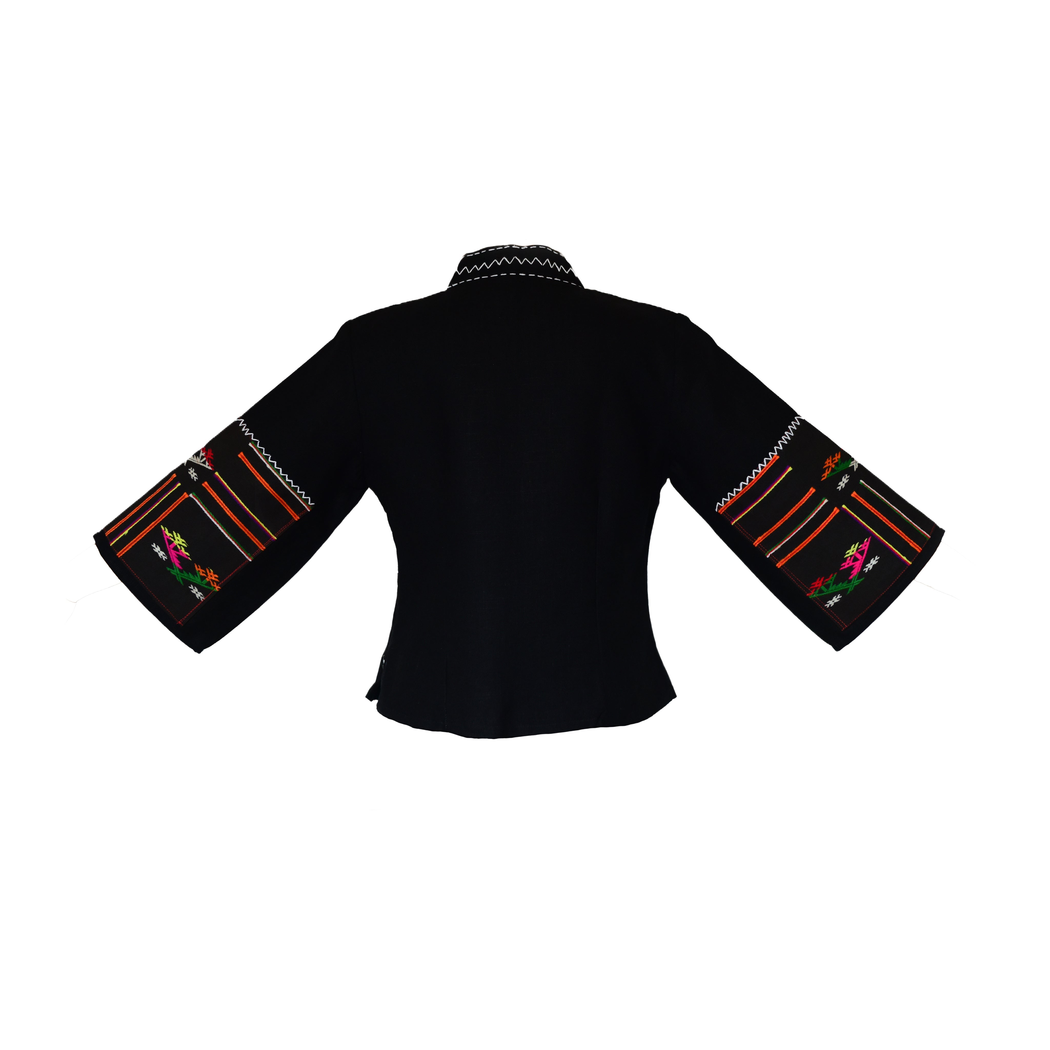 Handcrafted Modern-Style Hmong Hemp Top with Large Blue Diamond Embroidery Panel from Chiang Mai Thailand - Lalanna Design