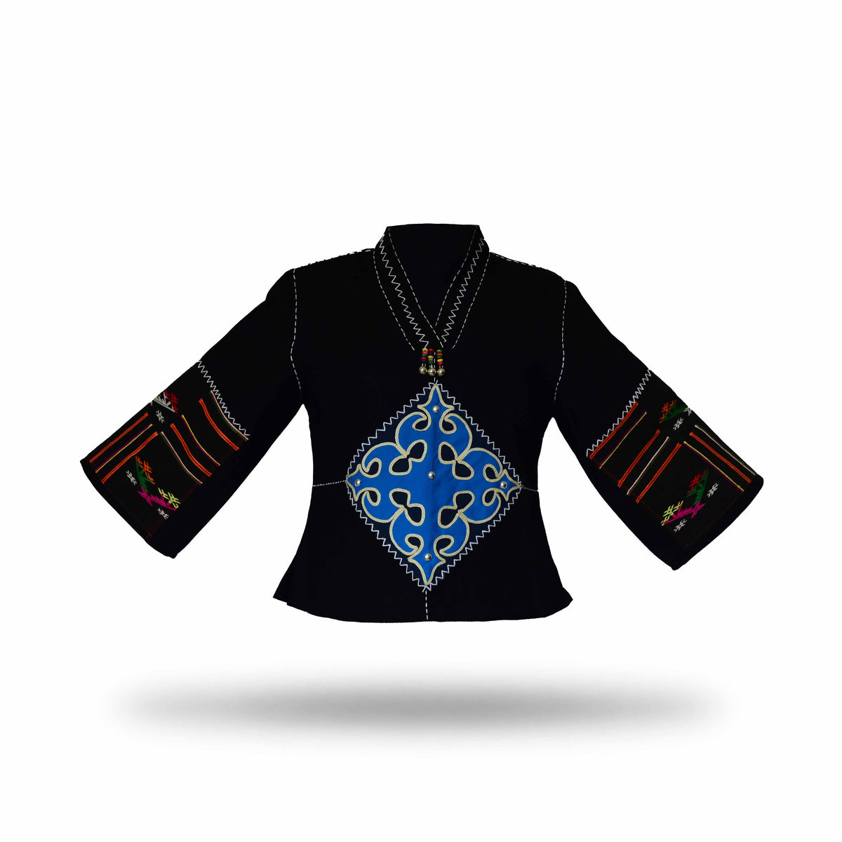 Handcrafted Modern-Style Hmong Hemp Top with Large Blue Diamond Embroidery Panel from Chiang Mai Thailand - Lalanna Design