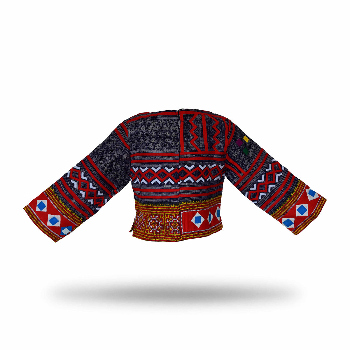 Handcrafted Modern-Style Hmong Hemp Top with Multicolor Geometric Patterns and Embroidered Sleeve Cuffs from Chiang Mai Thailand - Lalanna Design