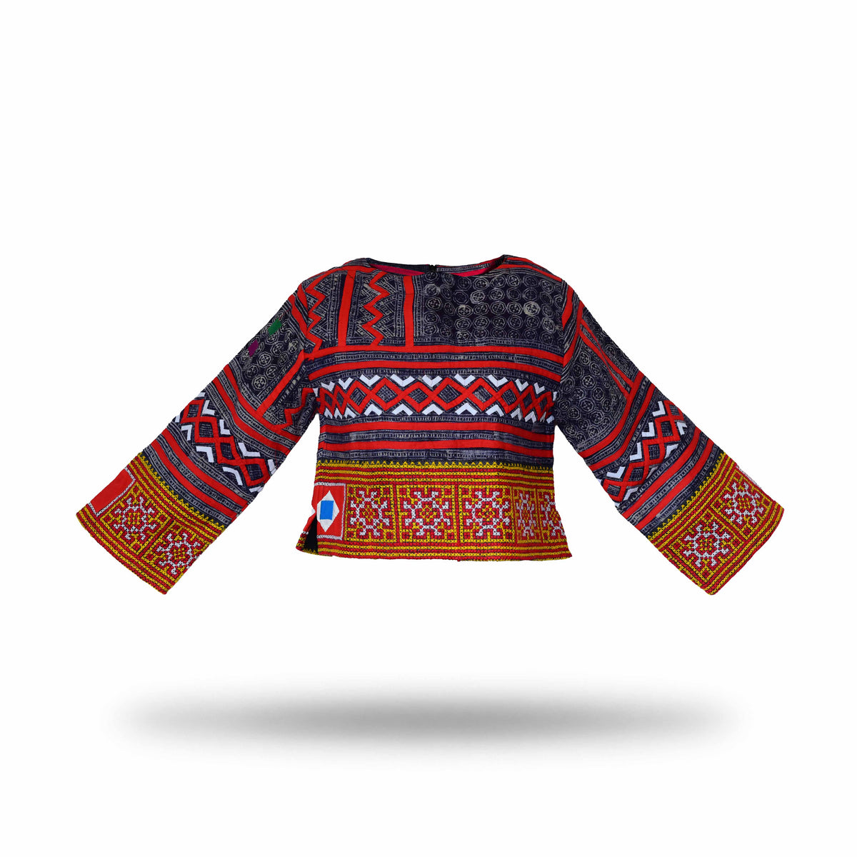 Handcrafted Modern-Style Hmong Hemp Top with Multicolor Geometric Patterns and Embroidered Sleeve Cuffs from Chiang Mai Thailand - Lalanna Design