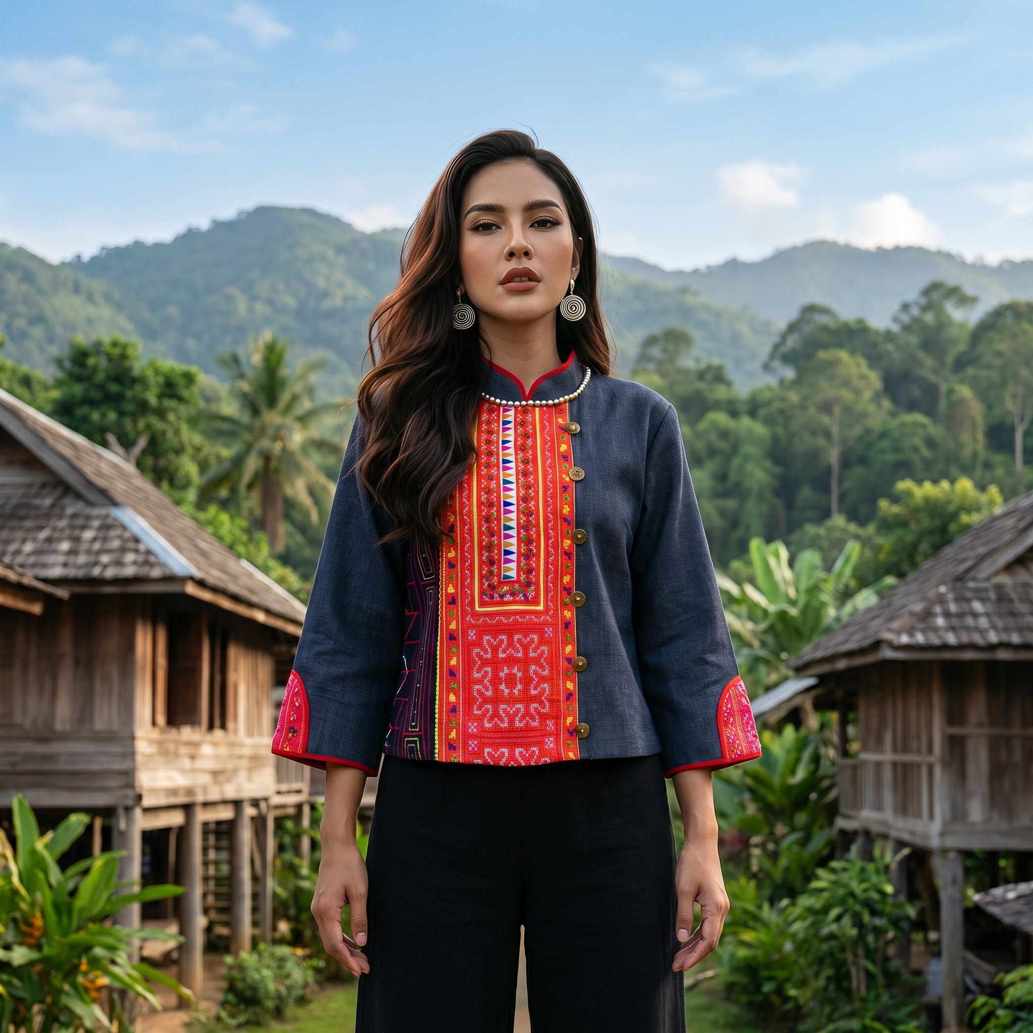 Handcrafted Modern-Style Hmong Hemp Top With Orange Embroidery Panel from Chiang Rai Thailand - Lalanna Design