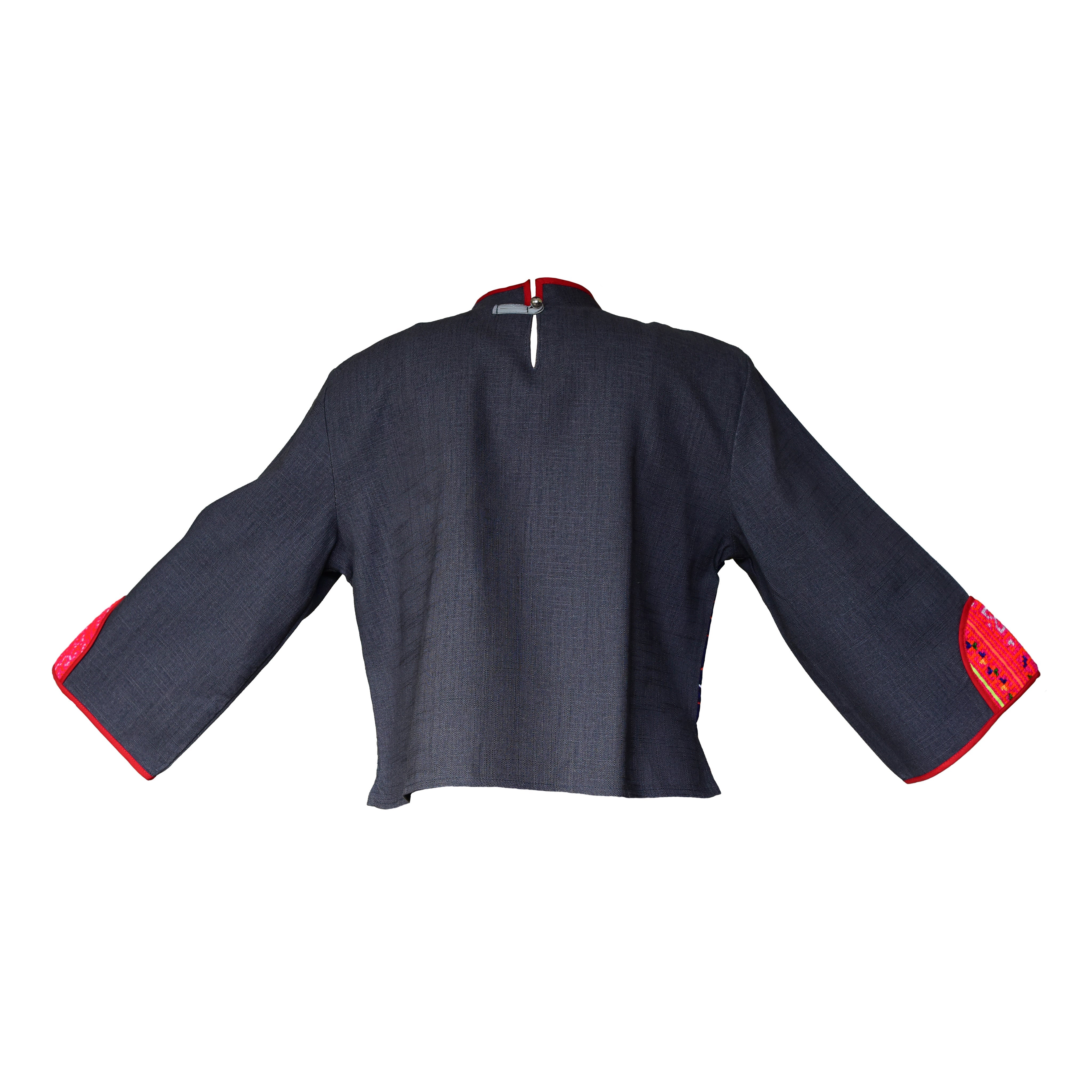 Handcrafted Modern-Style Hmong Hemp Top With Orange Embroidery Panel from Chiang Mai Thailand - Lalanna Design