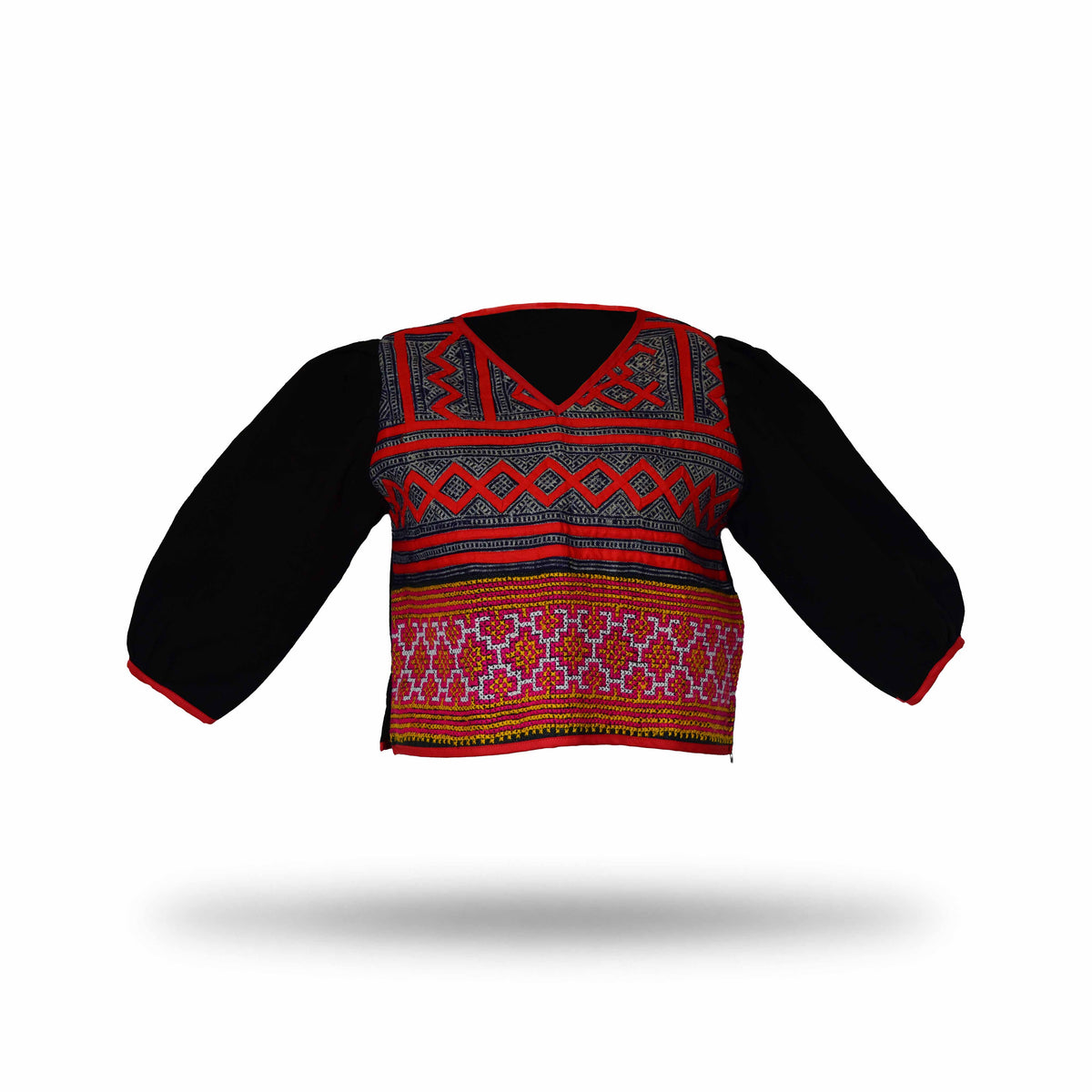 Handcrafted Modern-Style Hmong Hemp Top with V-Neck Vibrant Multicolor Geometric Embroidery Bands from Chiang Mai Thailand - Lalanna Design