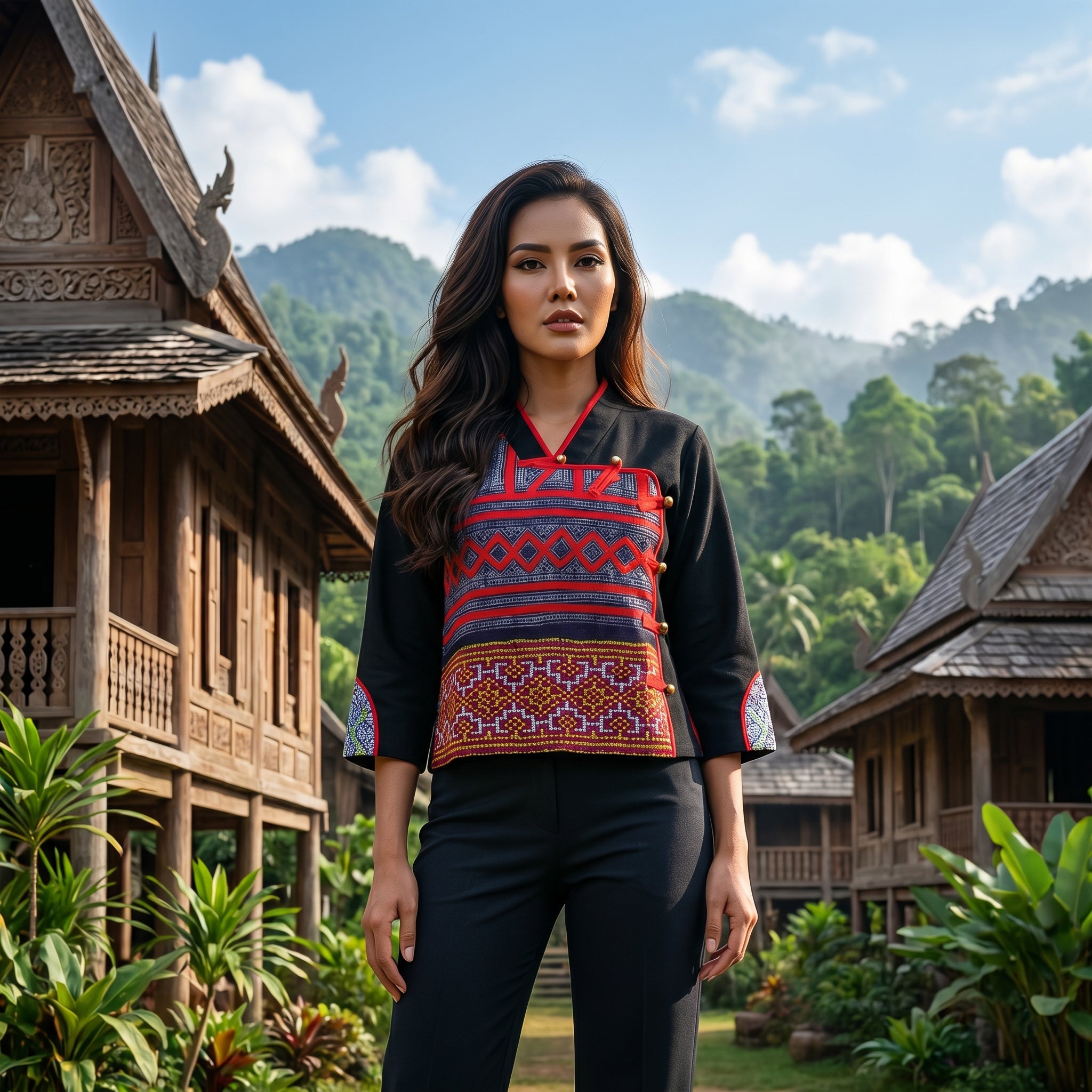 Handcrafted Modern-Style Hmong Hemp Top with Vibrant Multicolor Geometric Embroidered from Chiang Rai Thailand - Lalanna Design