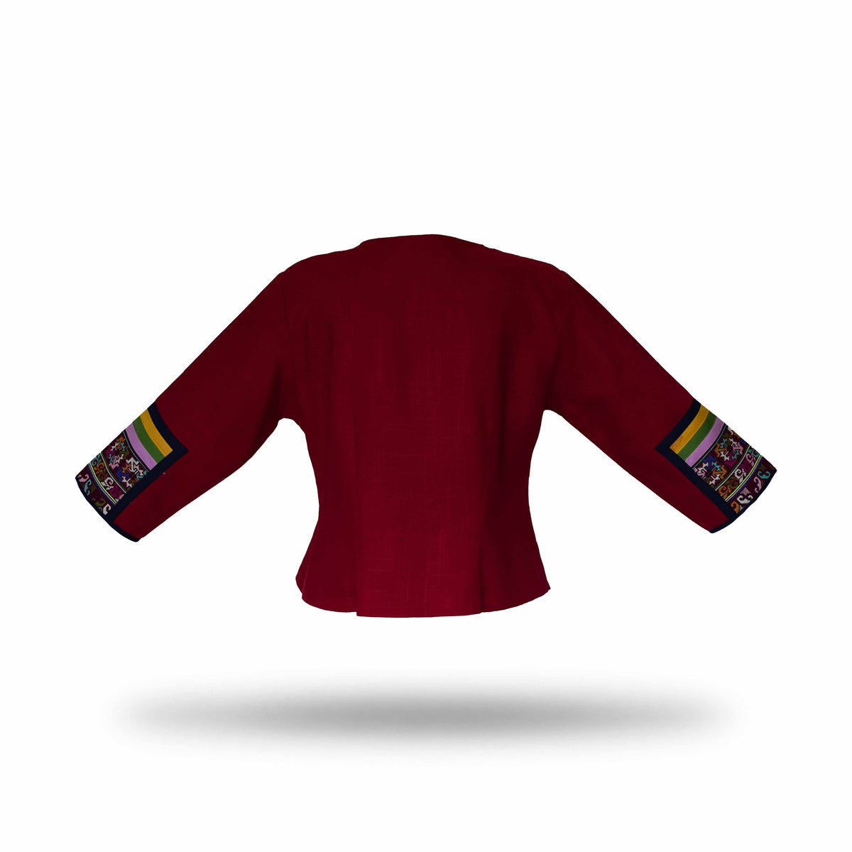 Handcrafted Modern-Style Hmong Hemp Top with Vibrant Multicolor Geometric Embroidery V-Neck from Chiang Mai Thailand - Lalanna Design