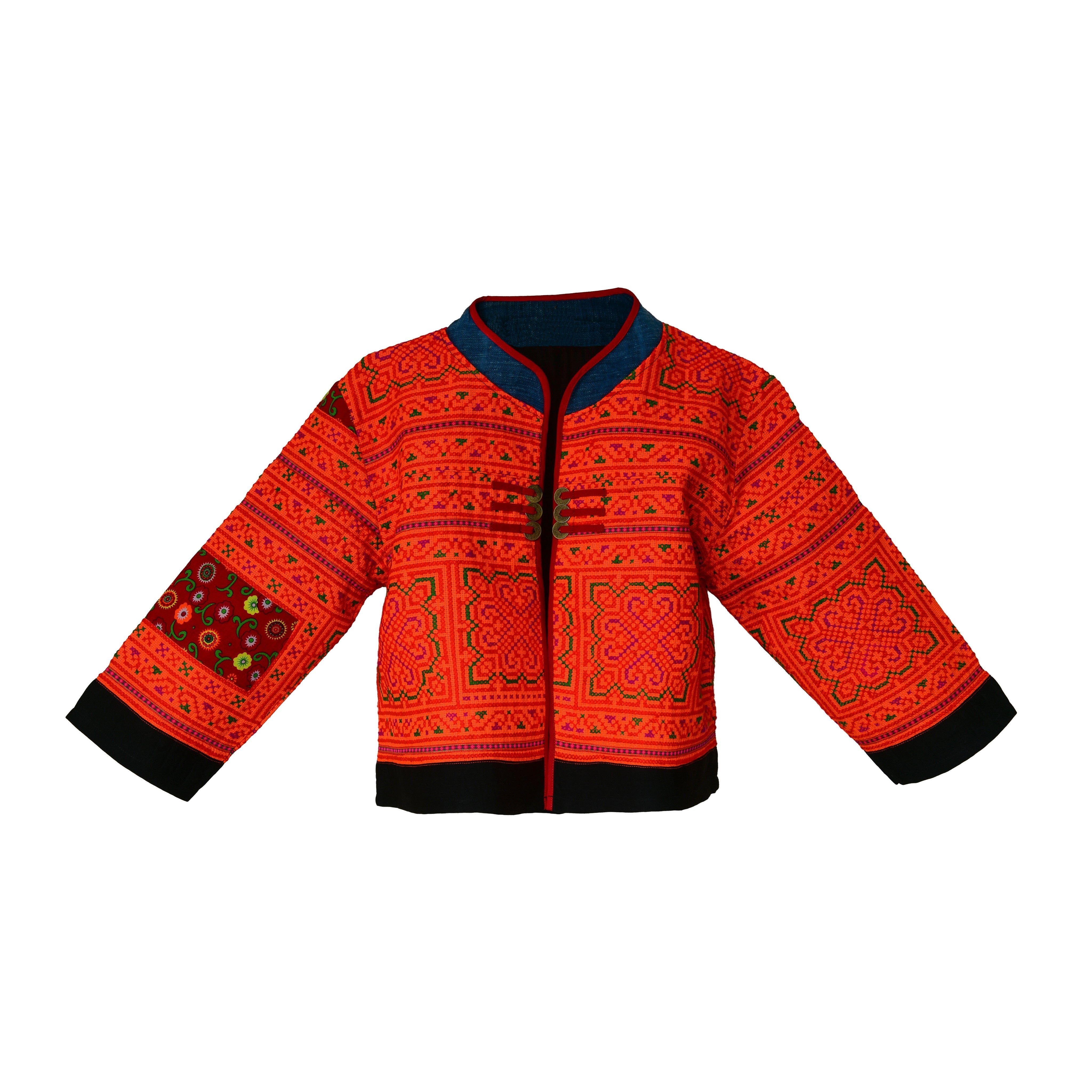 Handcrafted Modern-Style Hmong Jacket Hand-Embroidered Cross Stitch Orange from Chiang Mai Thailand - Lalanna Design