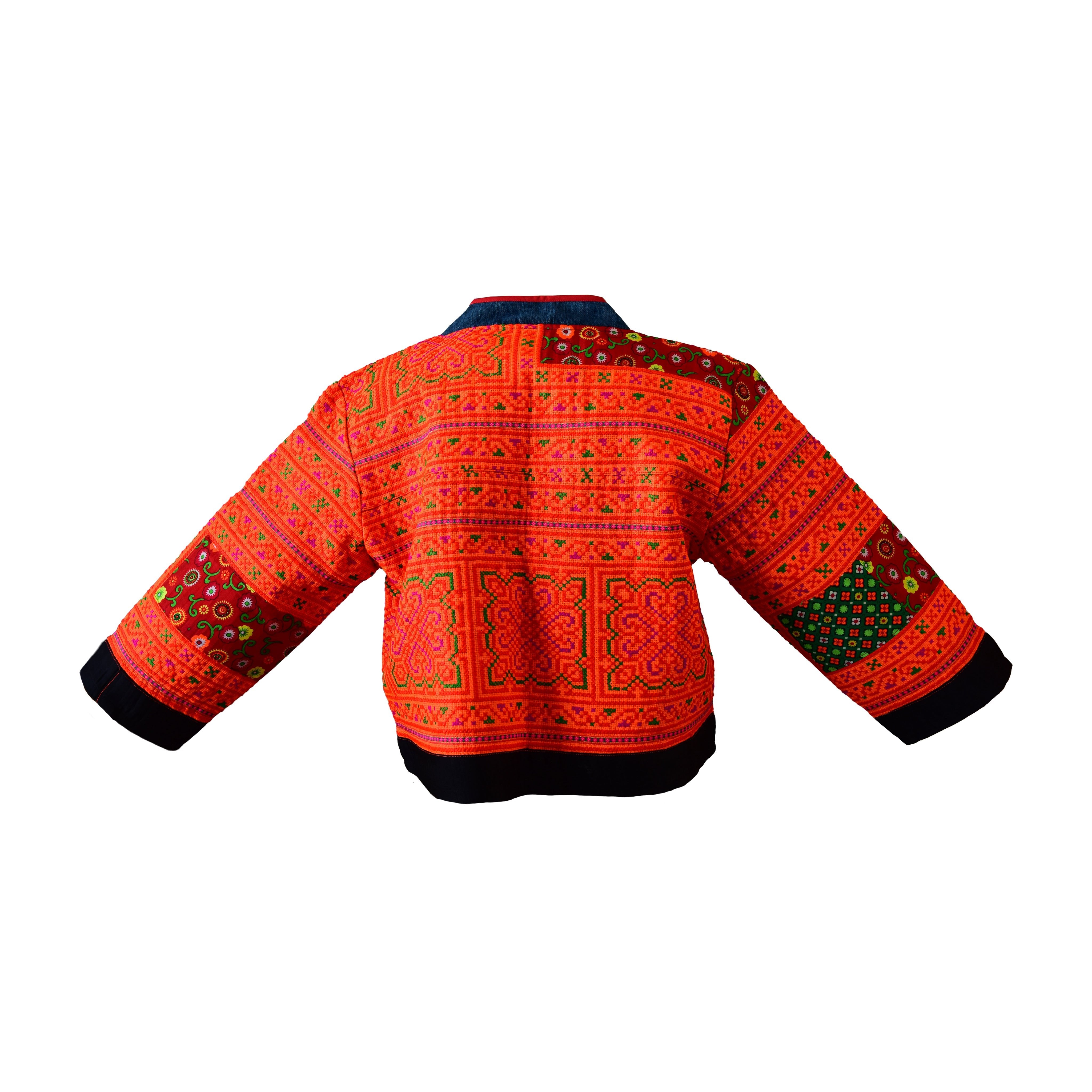 Handcrafted Modern-Style Hmong Jacket Hand-Embroidered Cross Stitch Orange from Chiang Mai Thailand - Lalanna Design