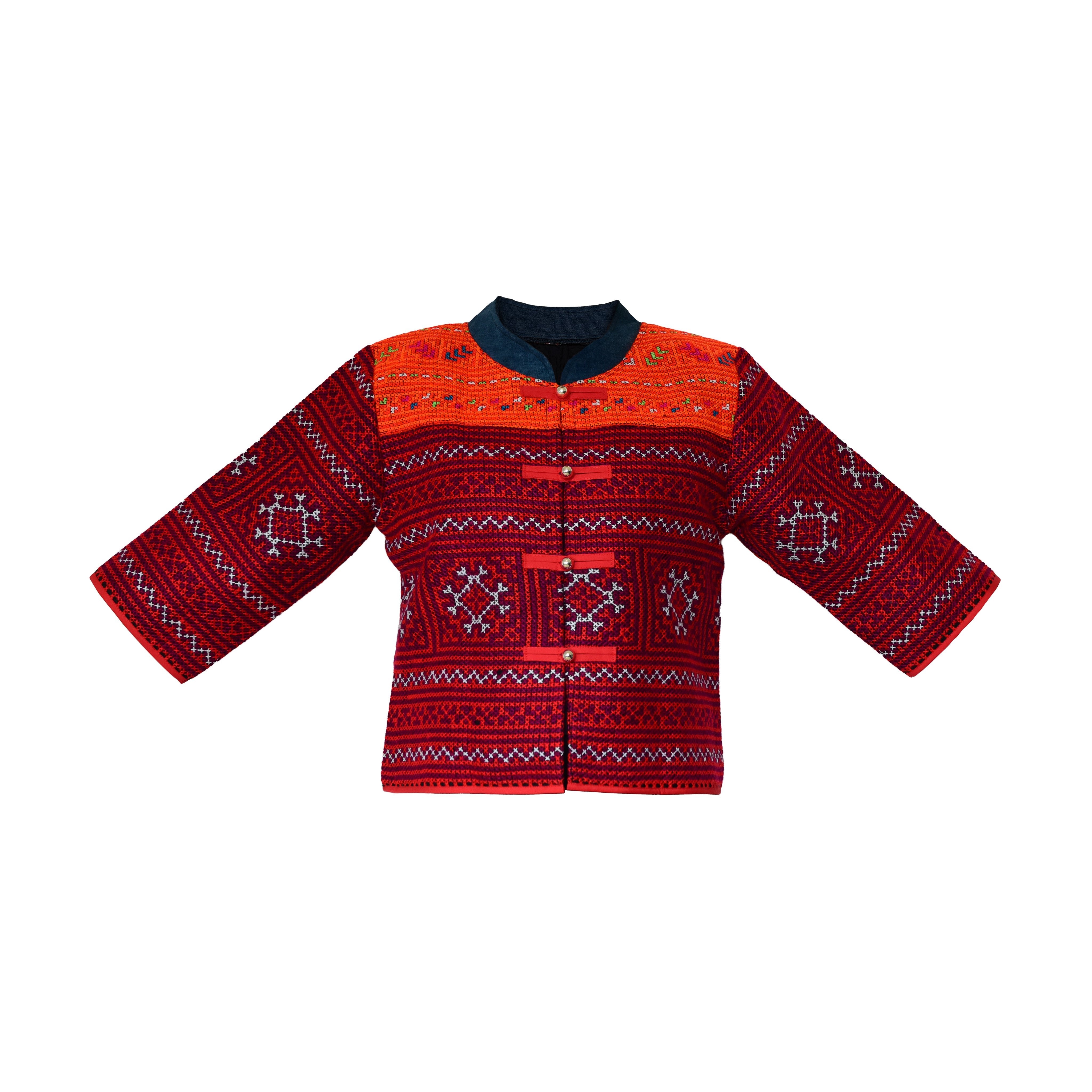 Handcrafted Modern-Style Hmong Jacket Hand Embroidered Cross Stitch Red from Chiang Mai Thailand - Lalanna Design