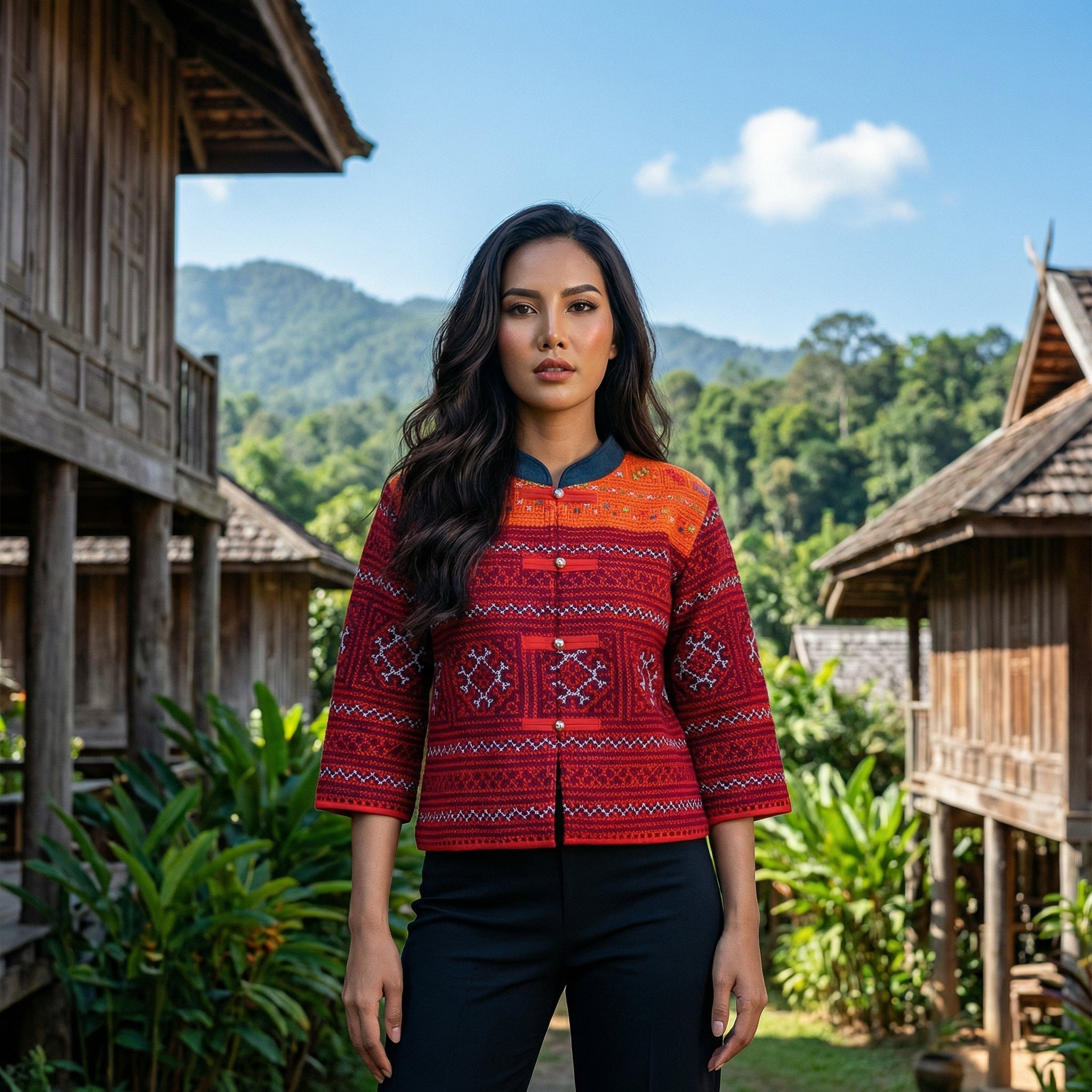 Handcrafted Modern-Style Hmong Jacket Hand Embroidered Cross Stitch Red from Chiang Mai Thailand - Lalanna Design