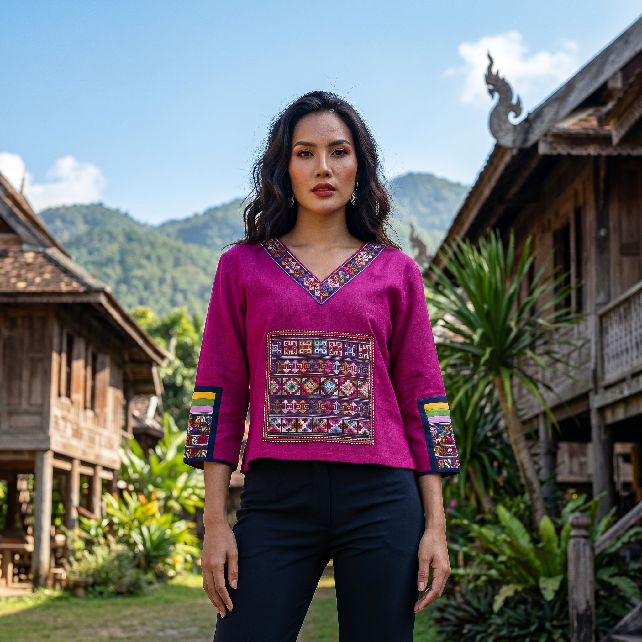 Handcrafted Modern-Style Purple Hmong Hemp Top with Multicolor Geometric Embroidery V Neck from Chiang Rai Thailand - Lalanna Design