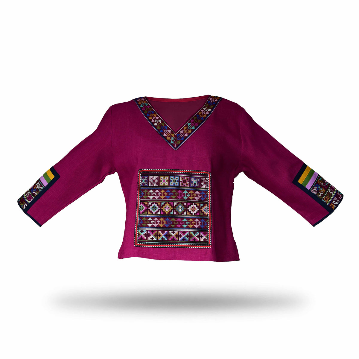 Handcrafted Modern-Style Purple Hmong Hemp Top with Multicolor Geometric Embroidery V Neck from Chiang Mai Thailand - Lalanna Design