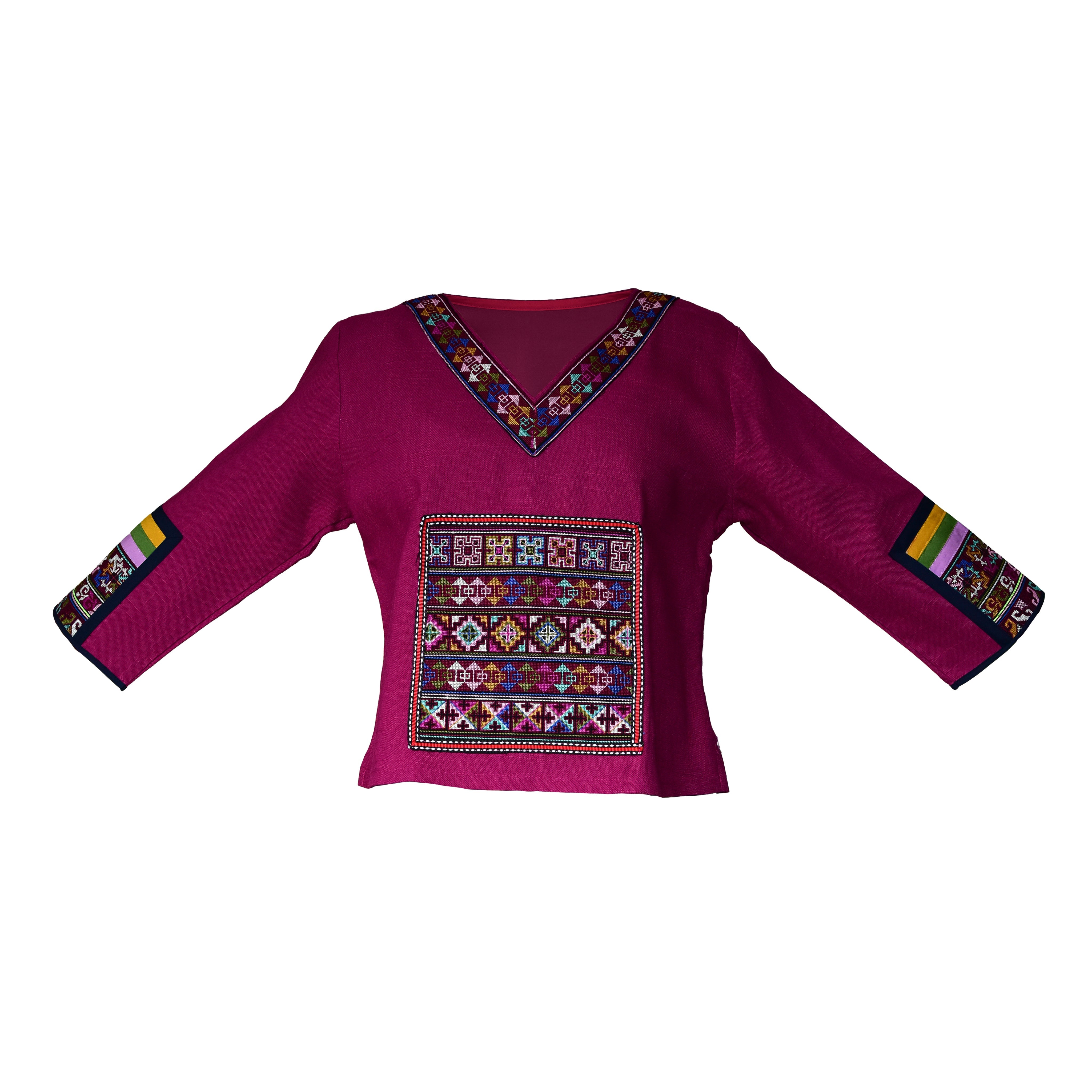 Handcrafted Modern-Style Purple Hmong Hemp Top with Multicolor Geometric Embroidery V Neck from Chiang Rai Thailand - Lalanna Design