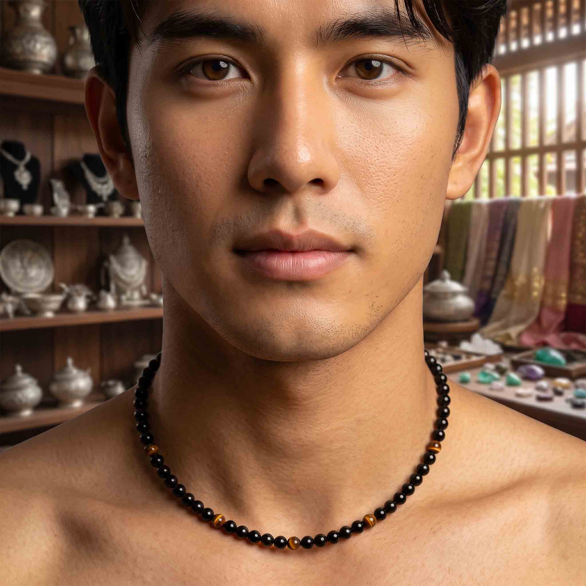 Handcrafted Necklace Onyx and Tiger Eye Men's Necklace, Handmade Jewelry from Chiang Mai Thailand - Lalanna Design