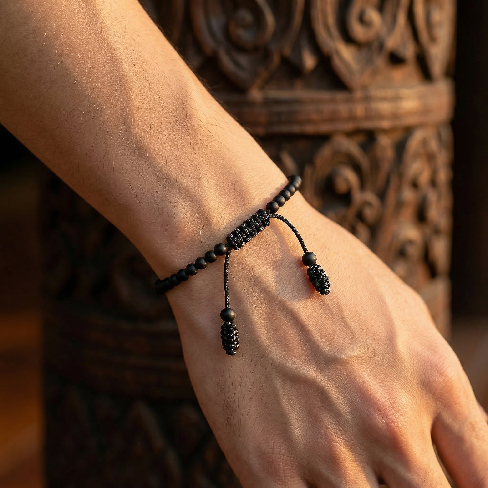 Handcrafted Onyx Men's Bracelet with Adjustable Cord from Chiang Mai Thailand - Lalanna Design