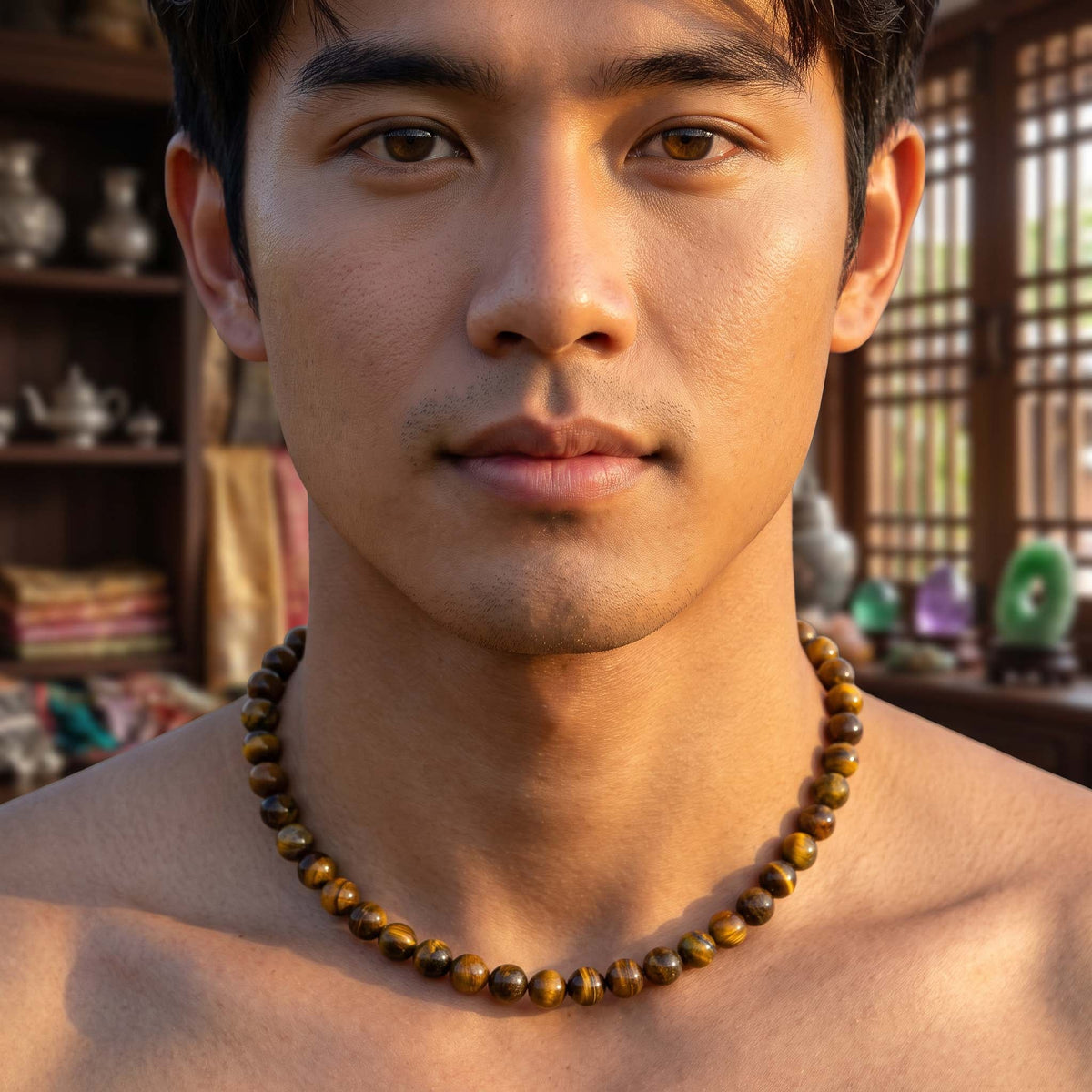 Handcrafted Necklace Round Tiger Eye Men's Necklace, Handmade Jewelry from Chiang Mai Thailand - Lalanna Design