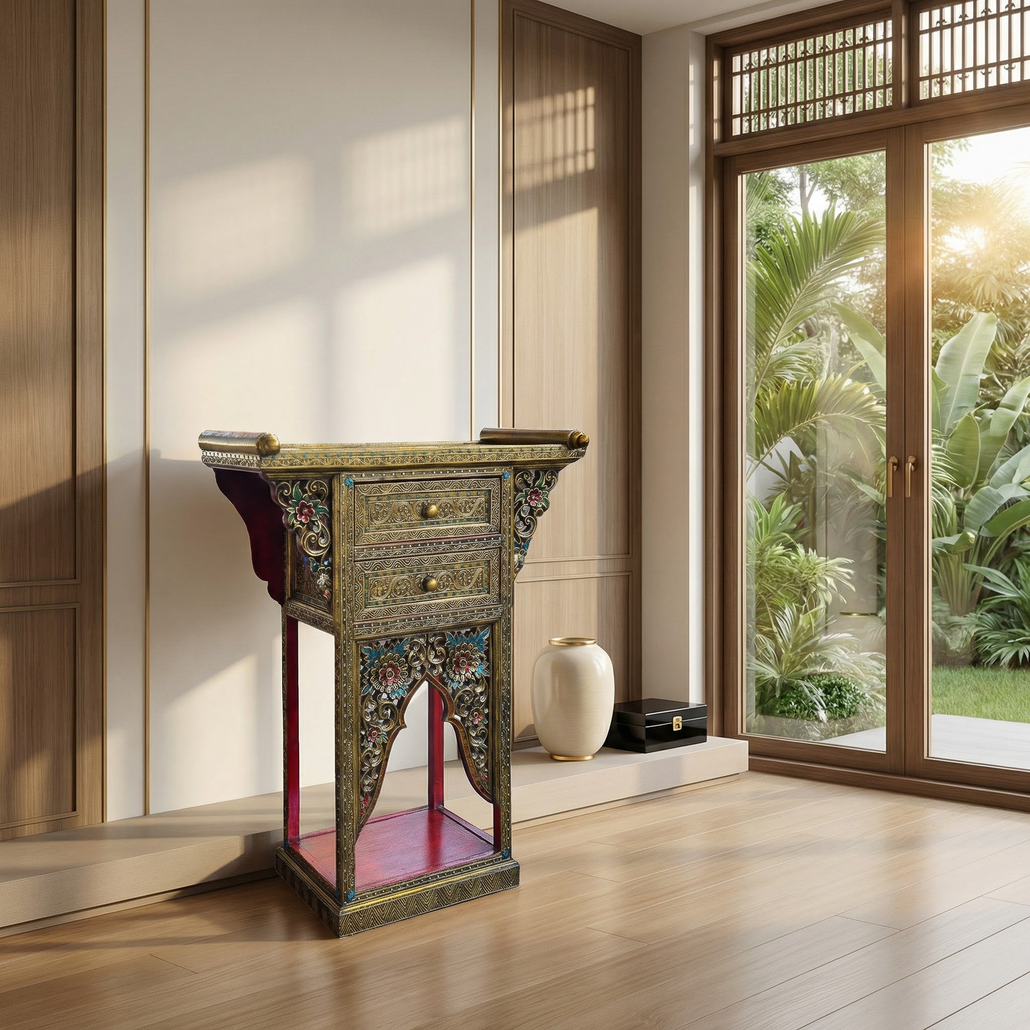 Handcrafted Royal Lanna Altar Table with 2 Drawers from Chiang Rai Thailand - Lalanna Design