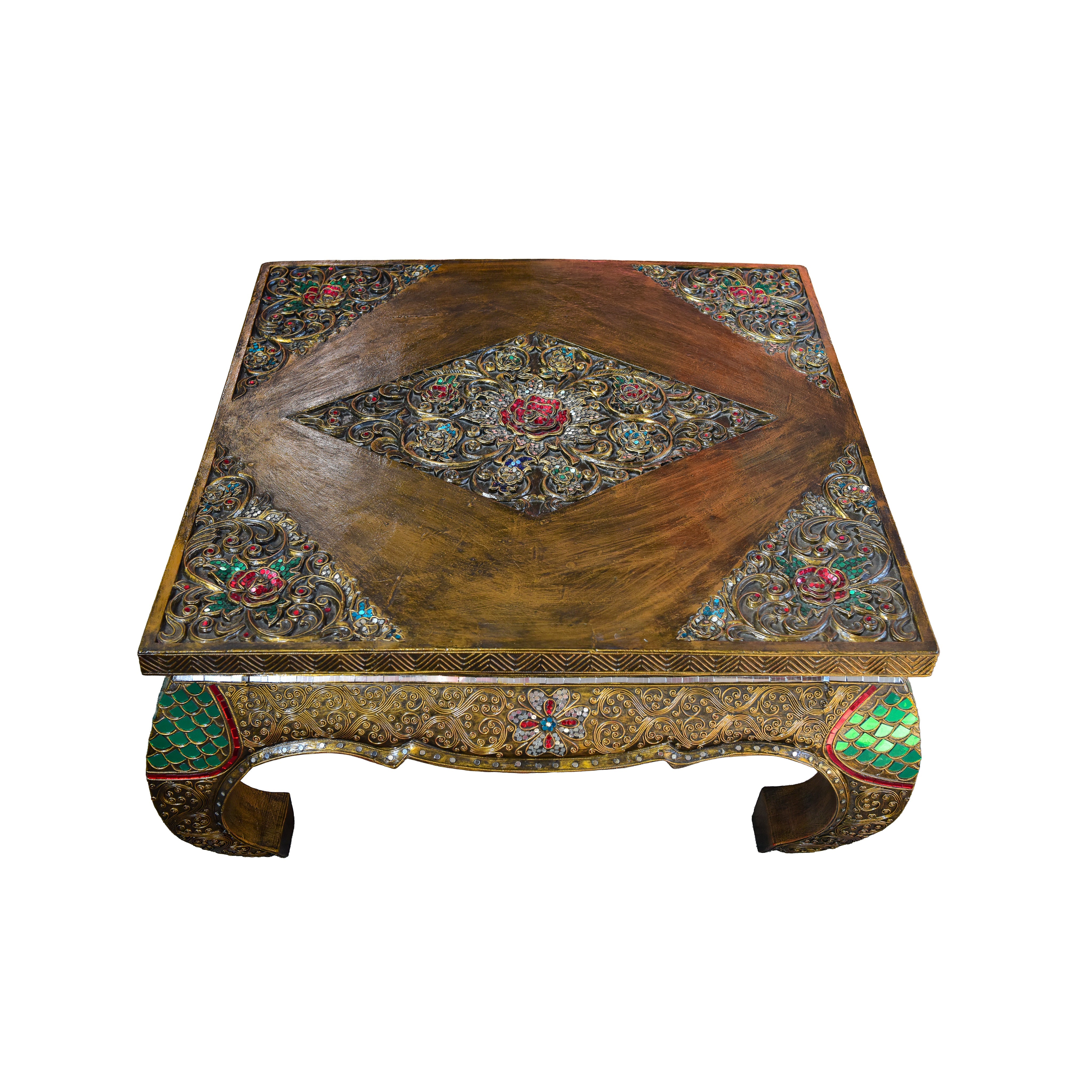 Handcrafted Royal Lanna Large Ornate Opium Table from Chiang Mai Thailand - Lalanna Design