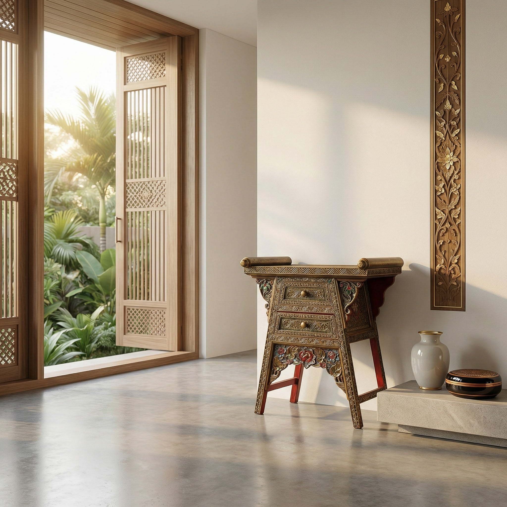 Handcrafted Royal Lanna Offering Table with 2 Drawers from Chiang Rai Thailand - Lalanna Design