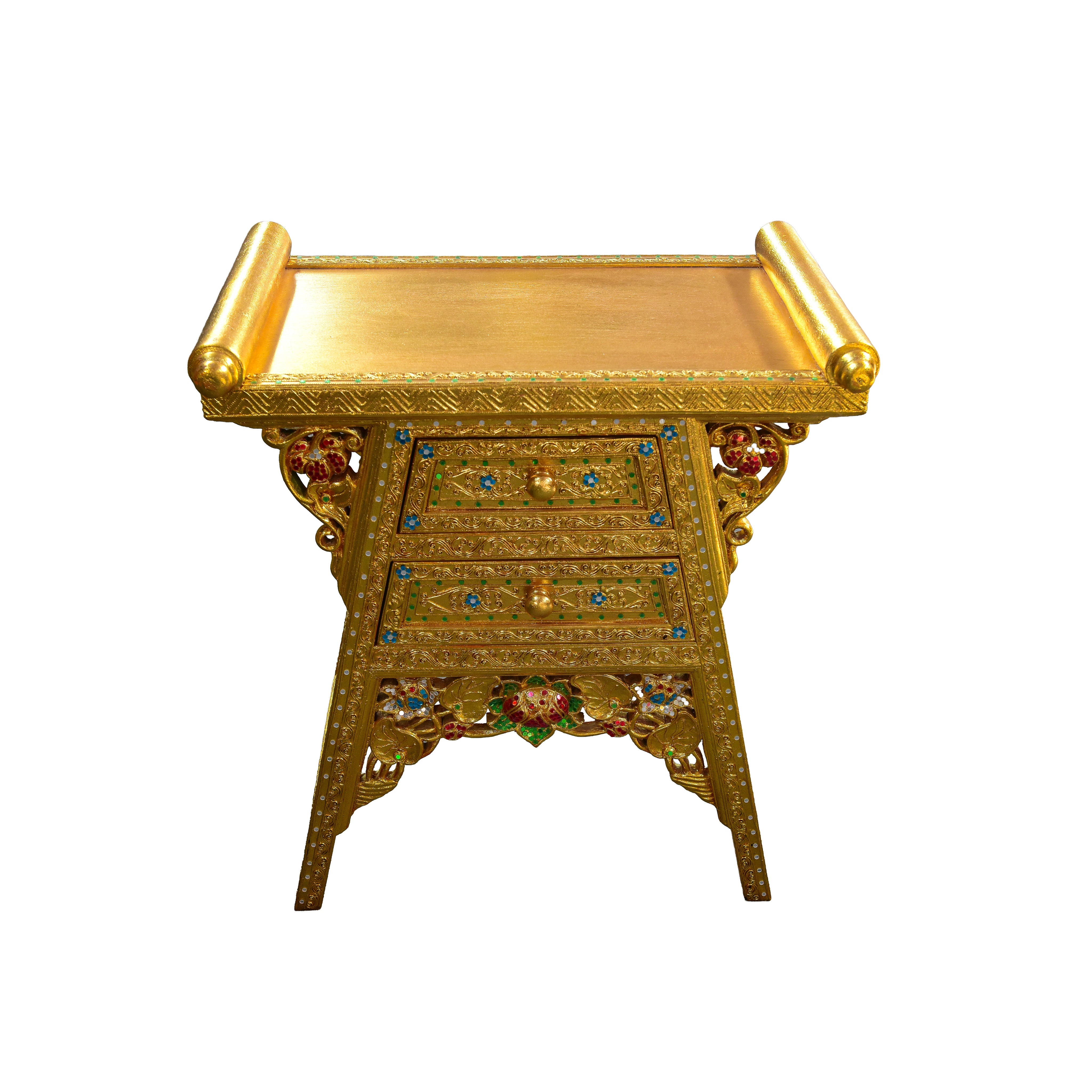 Handcrafted Royal Lanna Offering Table with 2 Drawers - Gold Edition from Chiang Mai Thailand - Lalanna Design