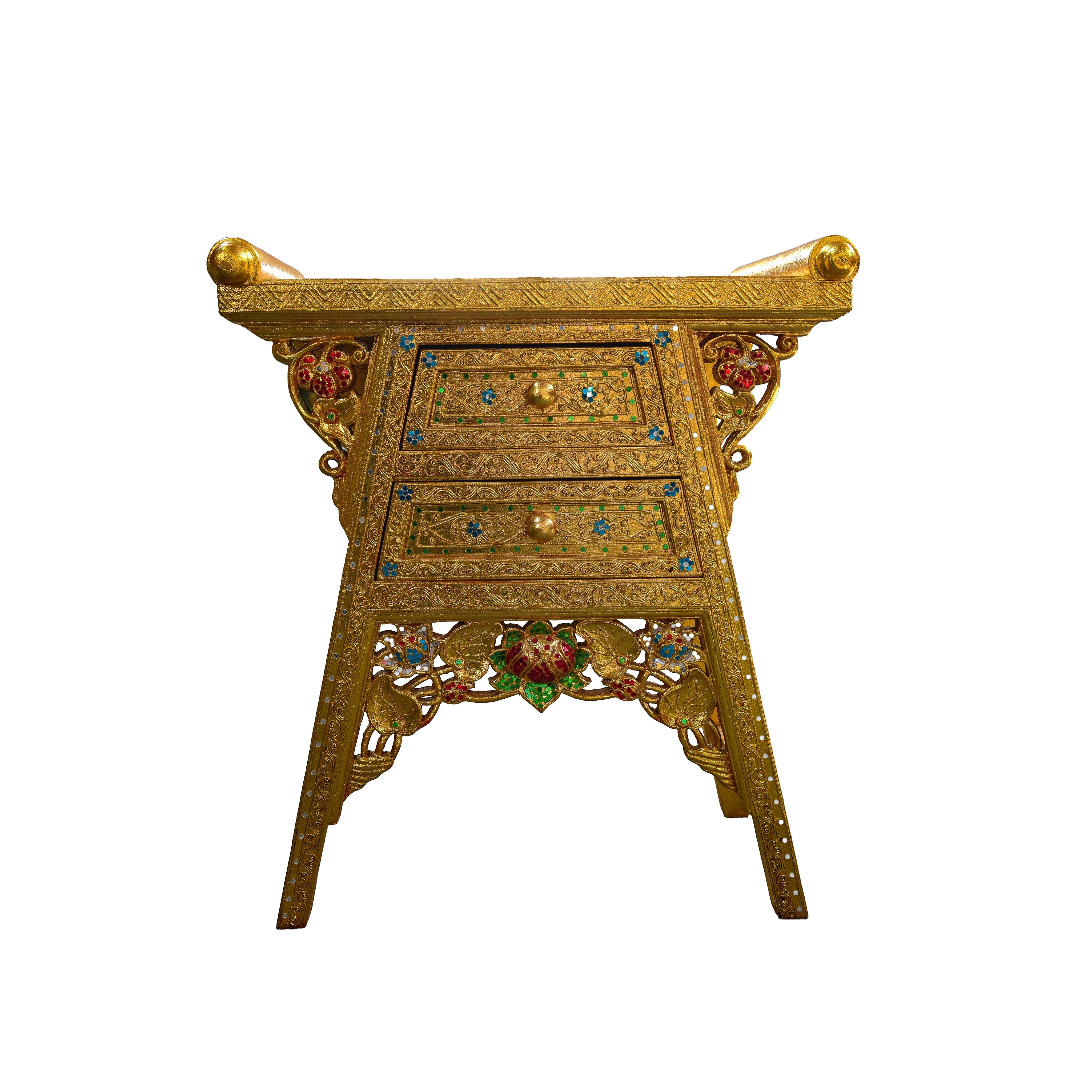 Handcrafted Royal Lanna Offering Table with 2 Drawers - Gold Edition from Chiang Rai Thailand - Lalanna Design