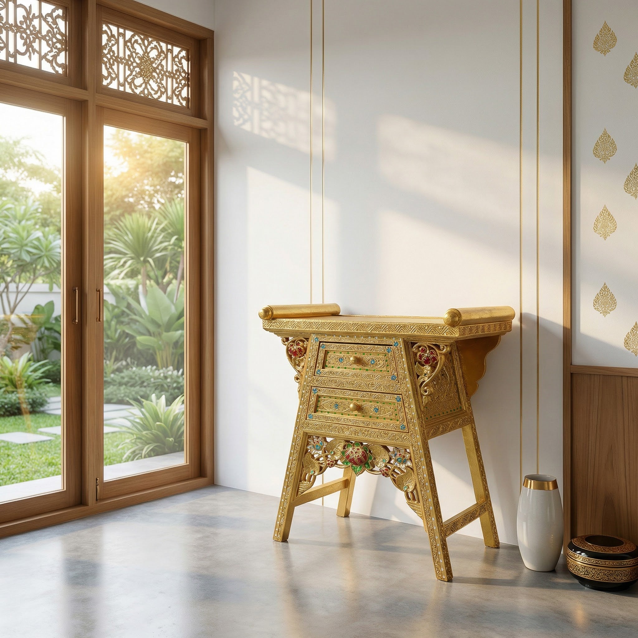 Handcrafted Royal Lanna Offering Table with 2 Drawers - Gold Edition from Chiang Rai Thailand - Lalanna Design