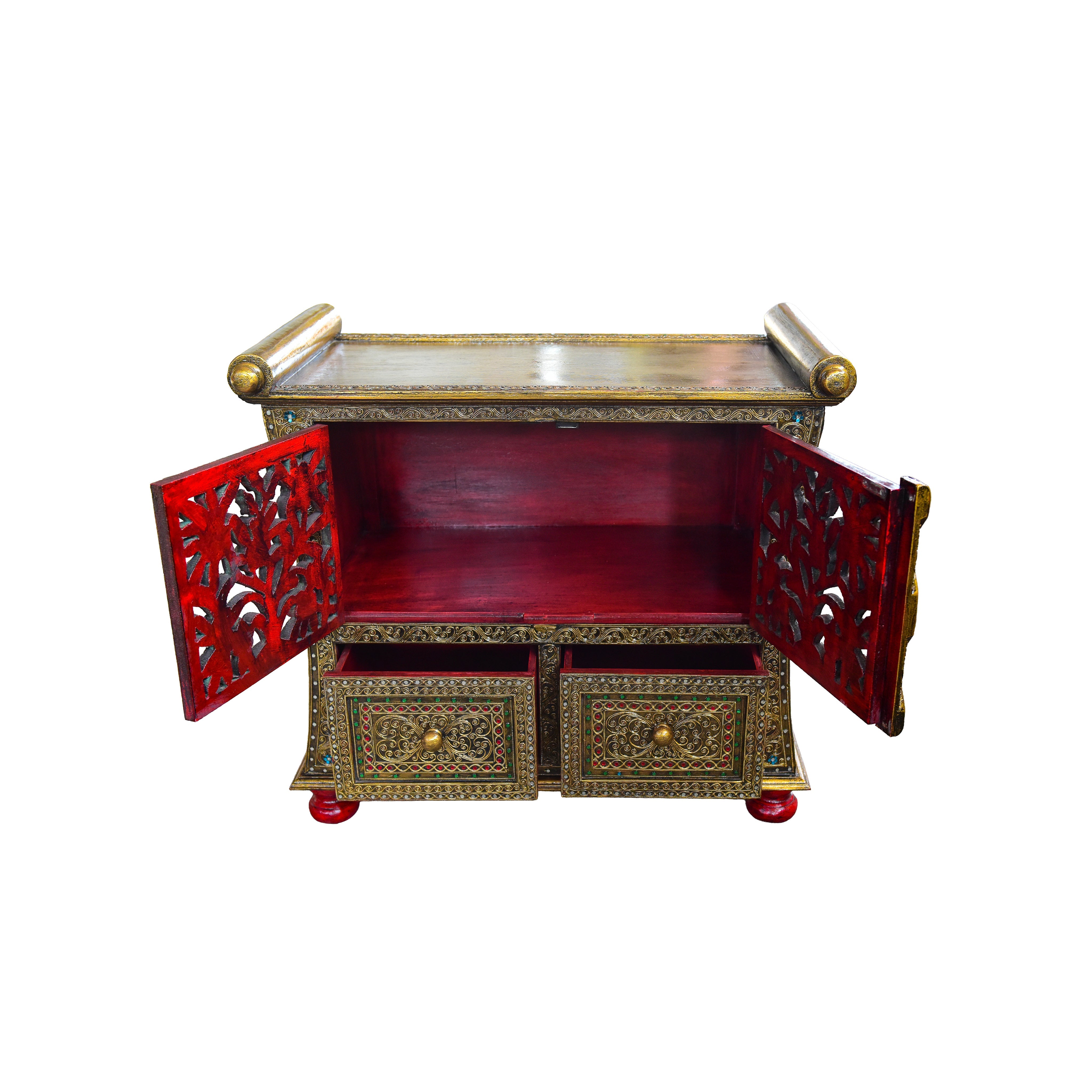 Handcrafted Royal Lanna Ornate Cabinet with 2 Drawers from Chiang Mai Thailand - Lalanna Design