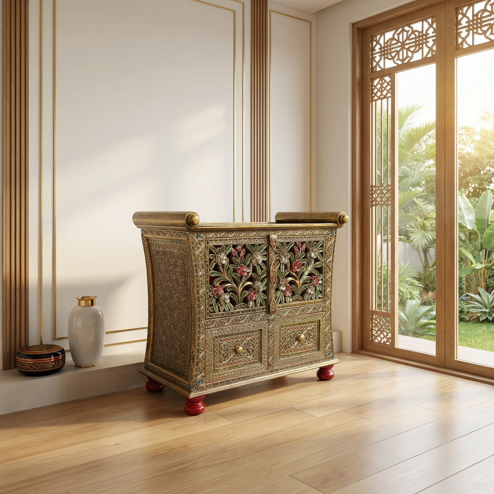 Handcrafted Royal Lanna Ornate Cabinet with 2 Drawers from Chiang Rai Thailand - Lalanna Design