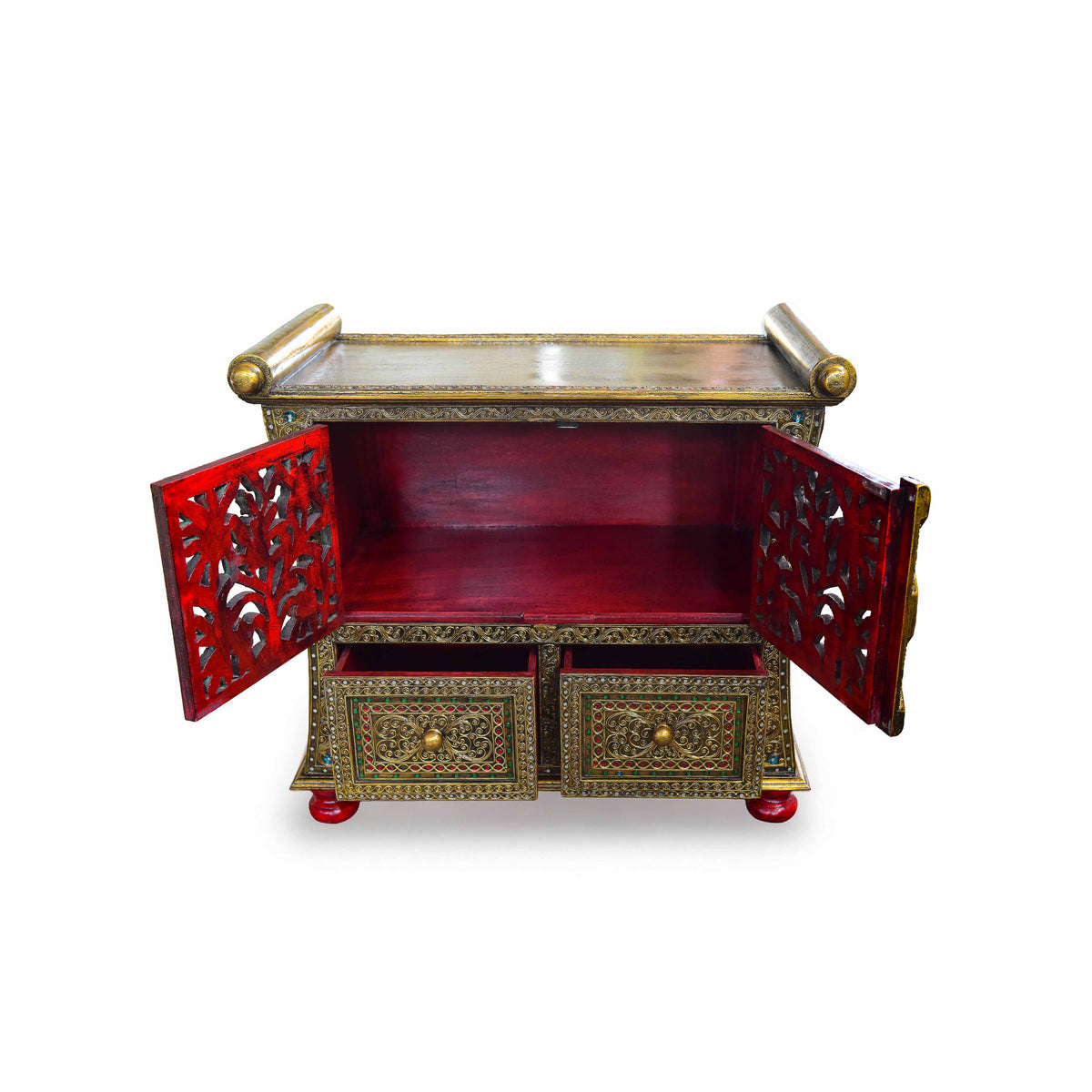 Handcrafted Royal Lanna Ornate Cabinet with 2 Drawers from Chiang Mai Thailand - Lalanna Design