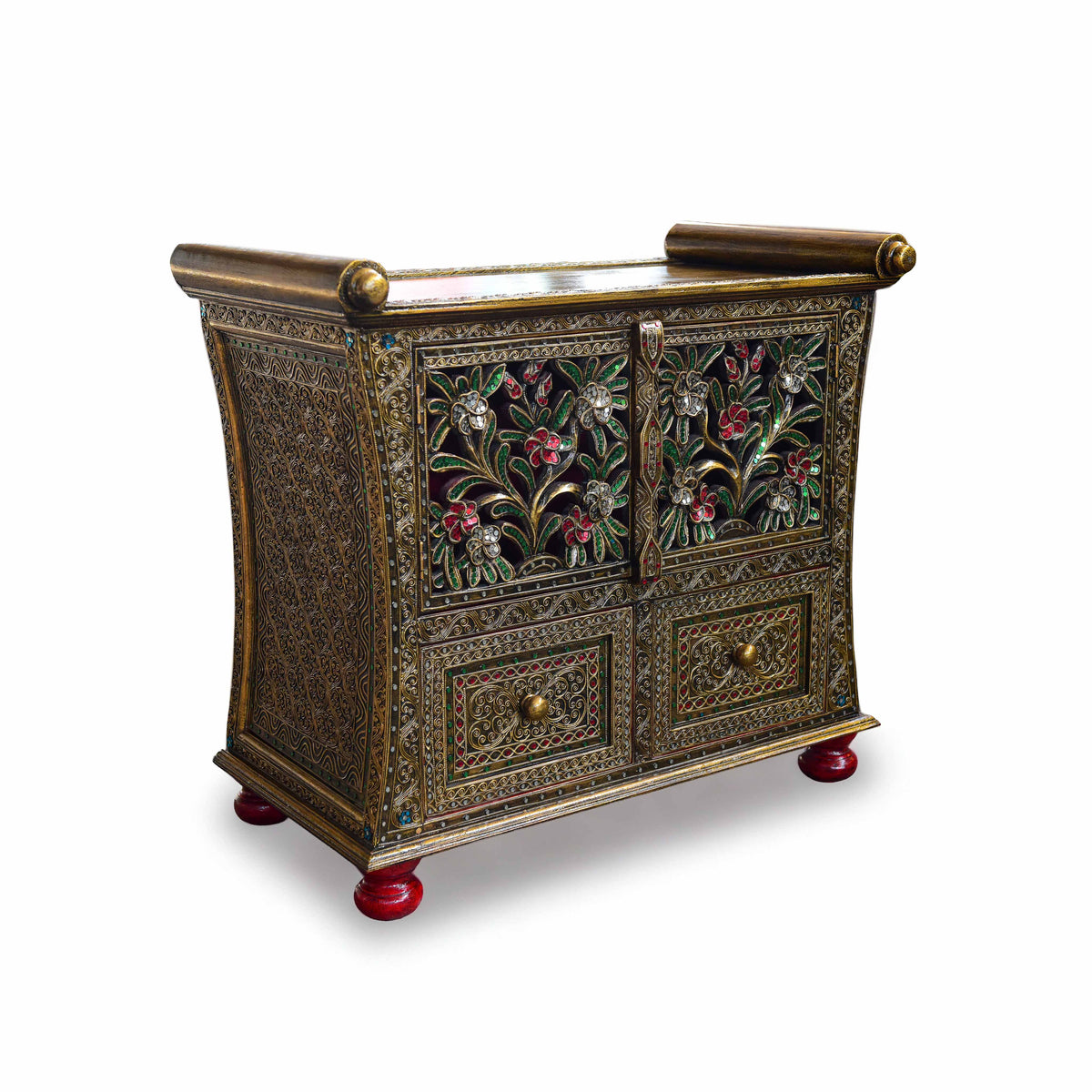 Handcrafted Royal Lanna Ornate Cabinet with 2 Drawers from Chiang Mai Thailand - Lalanna Design