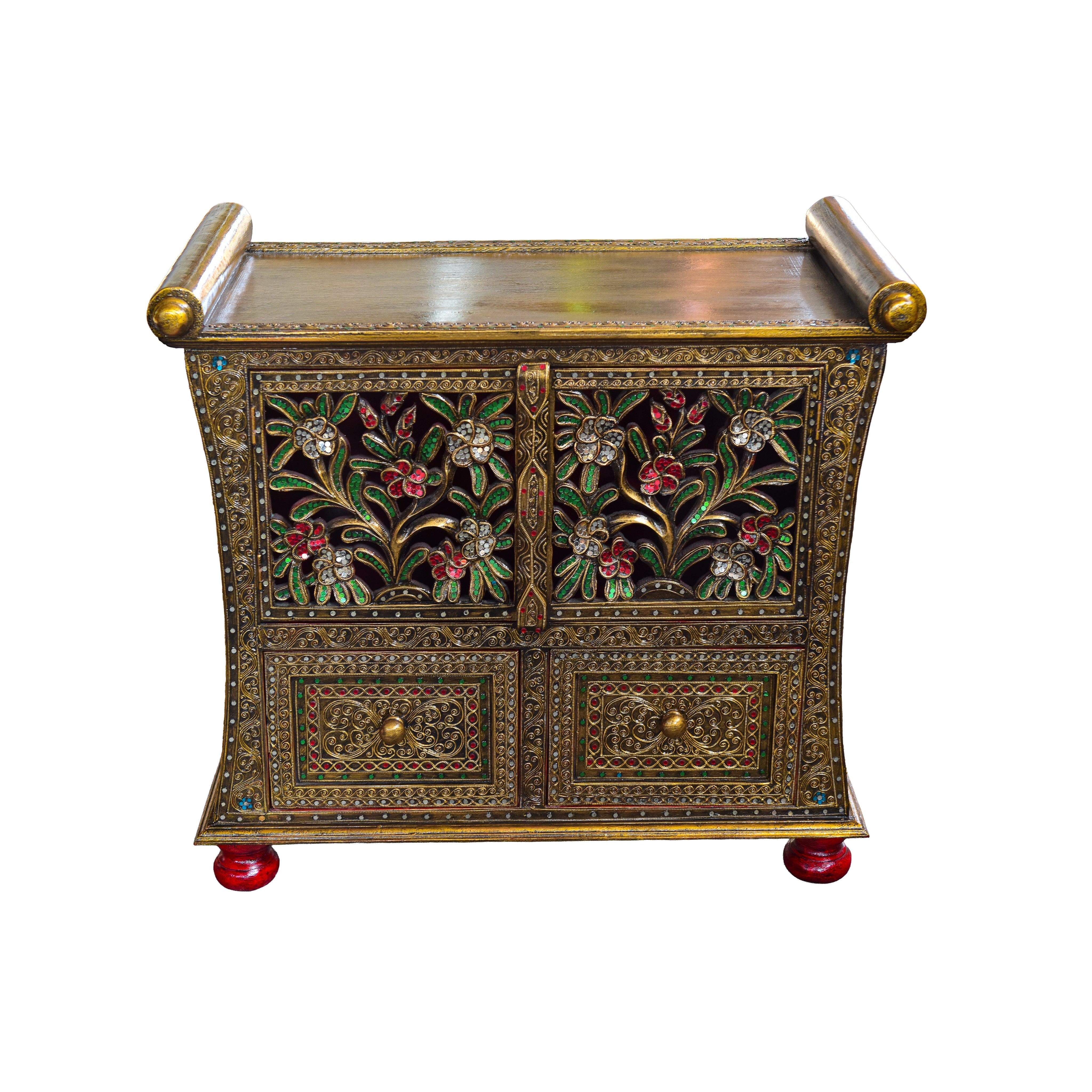 Handcrafted Royal Lanna Ornate Cabinet with 2 Drawers from Chiang Mai Thailand - Lalanna Design