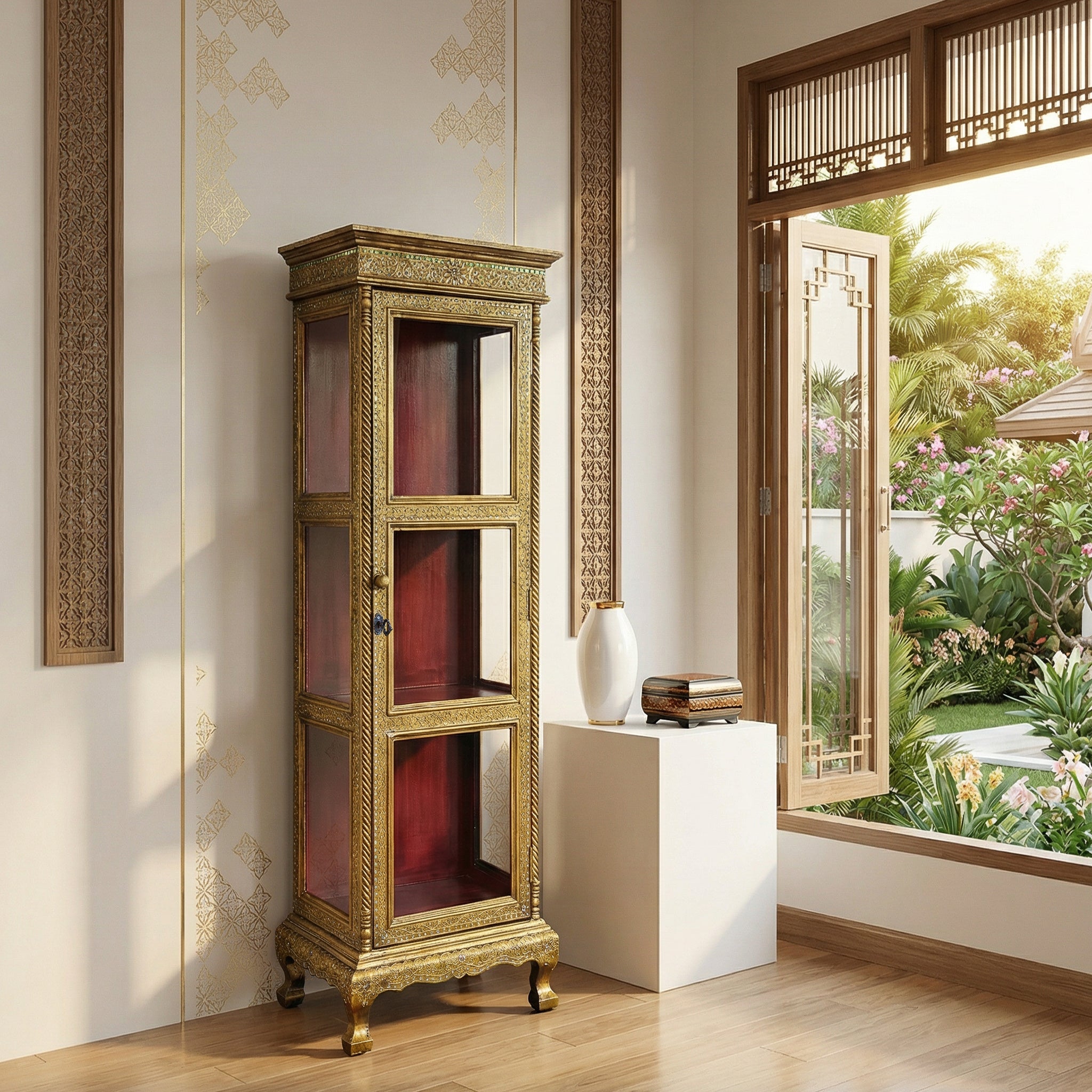 Handcrafted Royal Lanna Ornate Display Cabinet - Gold Edition from Chiang Rai Thailand - Lalanna Design
