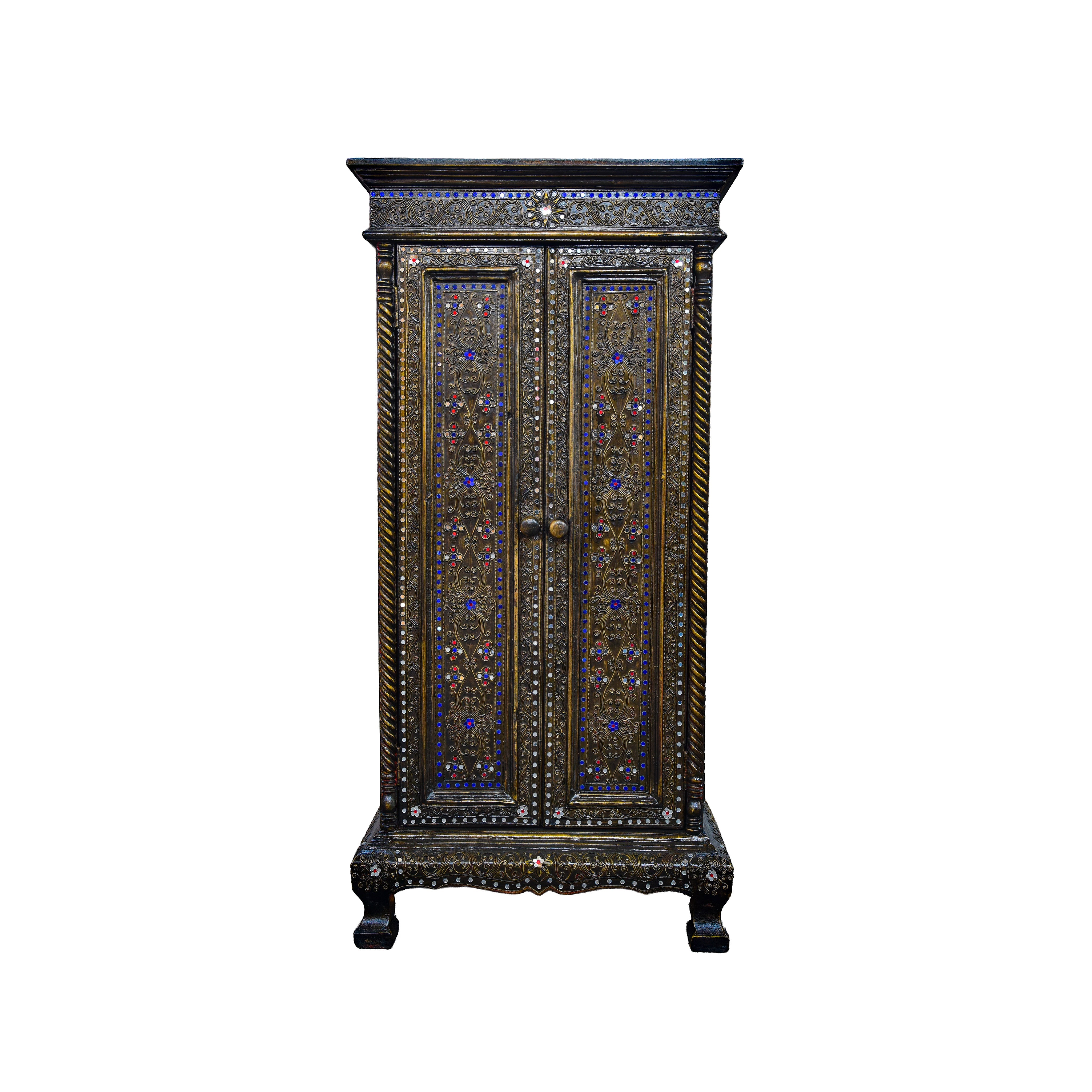 Handcrafted Royal Lanna Tall 2 Door Ornate Cabinet from Chiang Rai Thailand - Lalanna Design