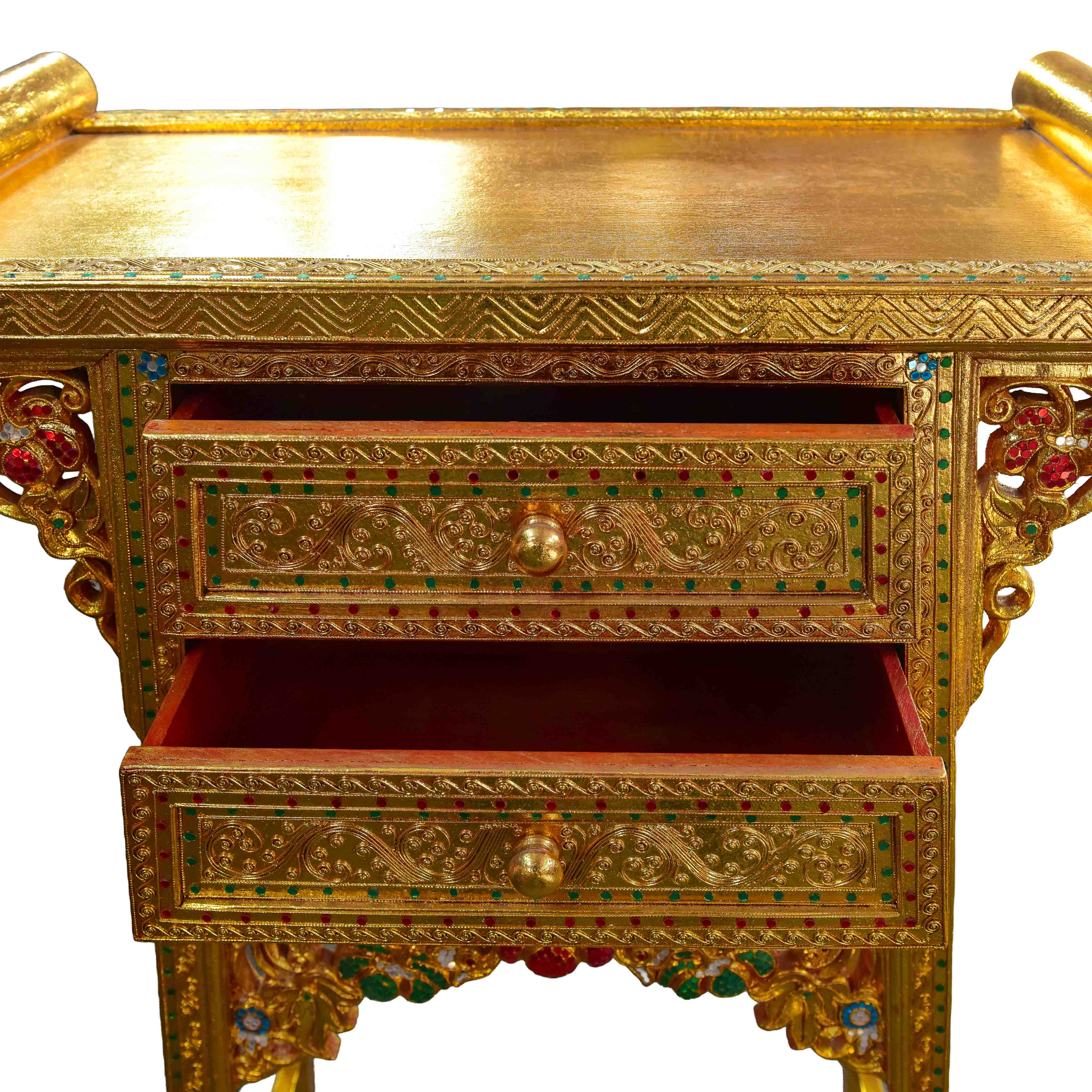 Handcrafted Royal Lanna Tall Altar Table with 2 Drawers - Gold Edition from Chiang Mai Thailand - Lalanna Design