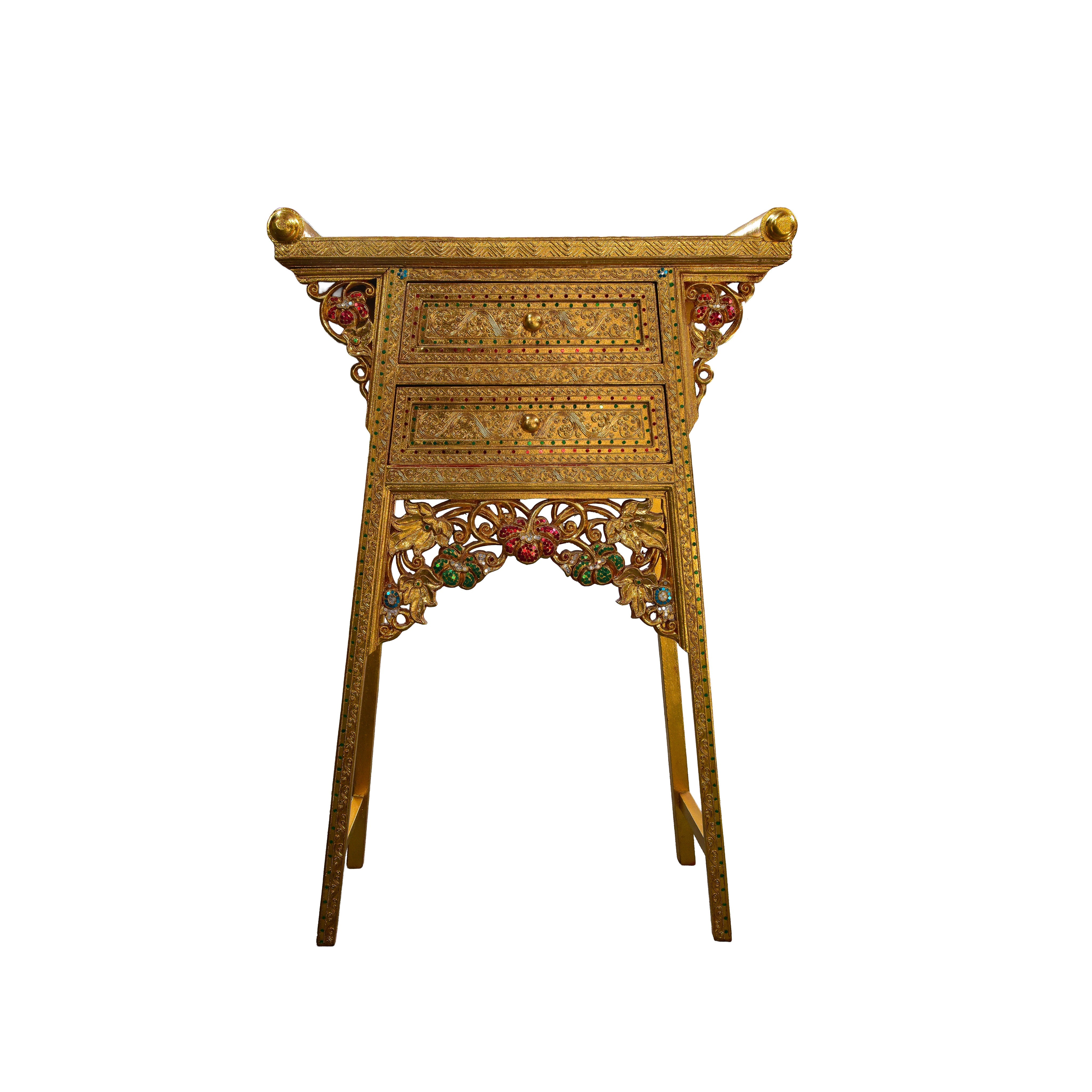 Handcrafted Royal Lanna Tall Altar Table with 2 Drawers - Gold Edition from Chiang Rai Thailand - Lalanna Design