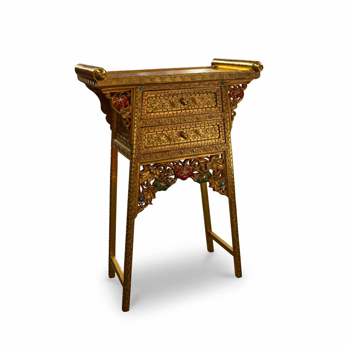 Handcrafted Royal Lanna Tall Altar Table with 2 Drawers - Gold Edition from Chiang Mai Thailand - Lalanna Design