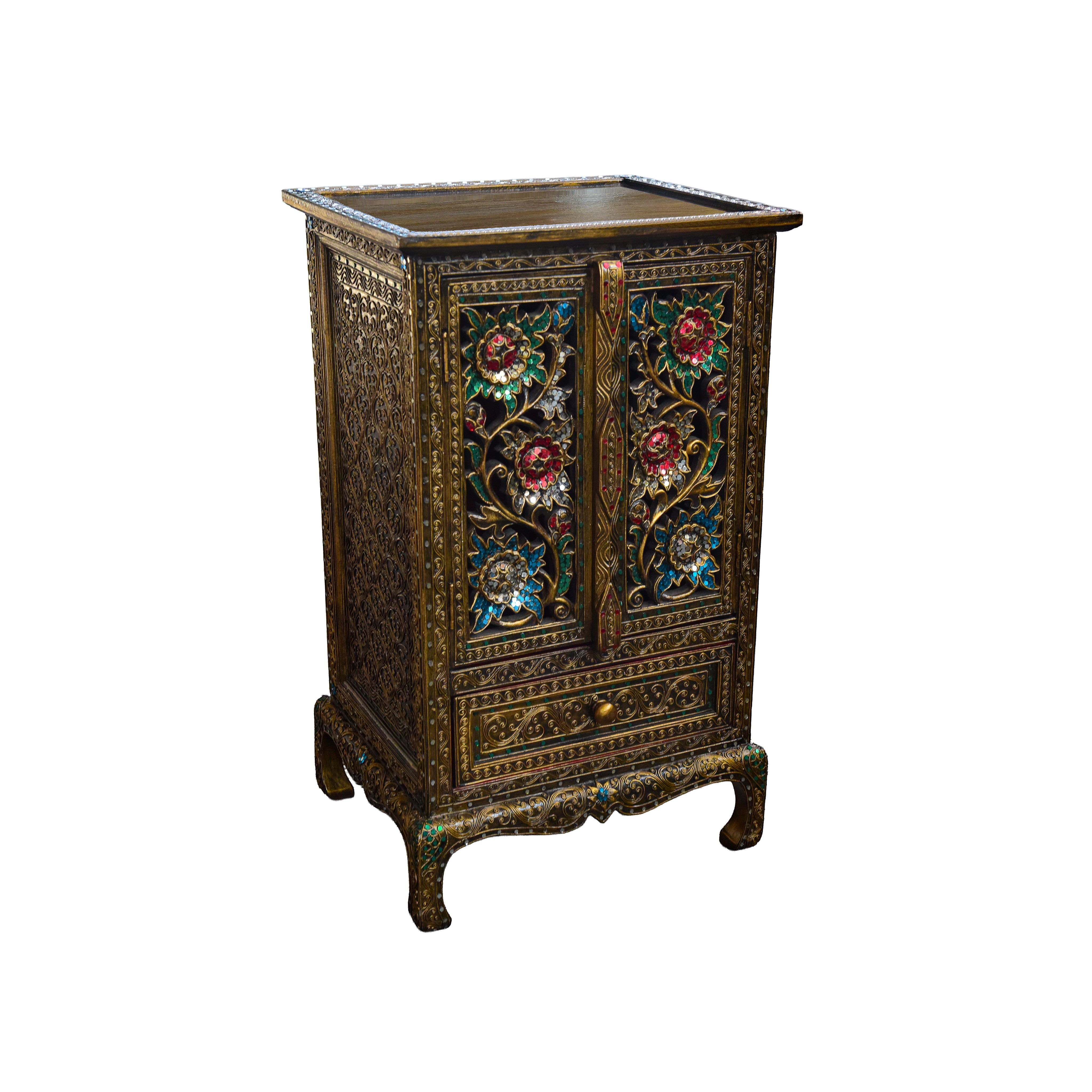 Handcrafted Royal Lanna Tall Ornate Cabinet with 1 Drawer from Chiang Mai Thailand - Lalanna Design