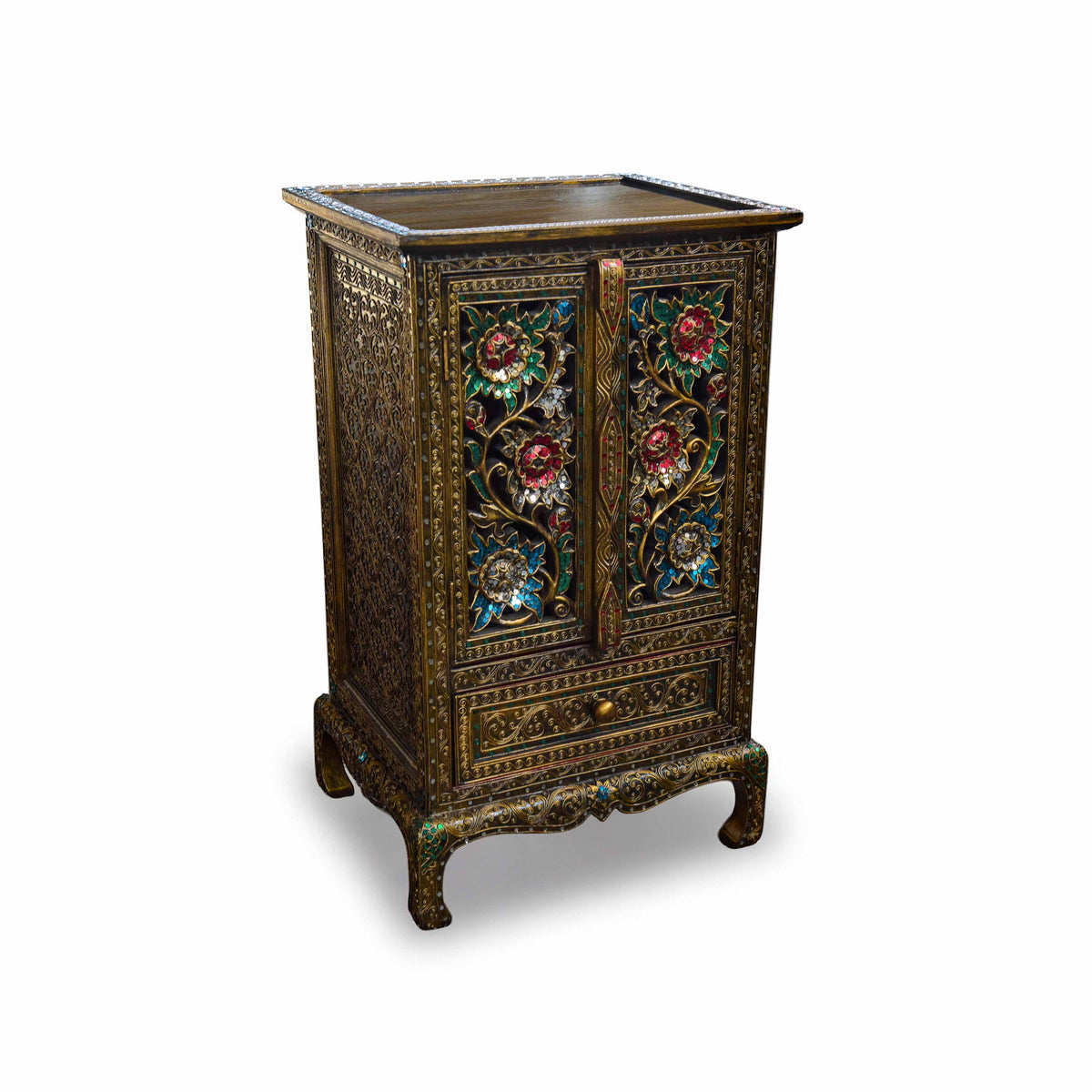 Handcrafted Royal Lanna Tall Ornate Cabinet with 1 Drawer from Chiang Mai Thailand - Lalanna Design