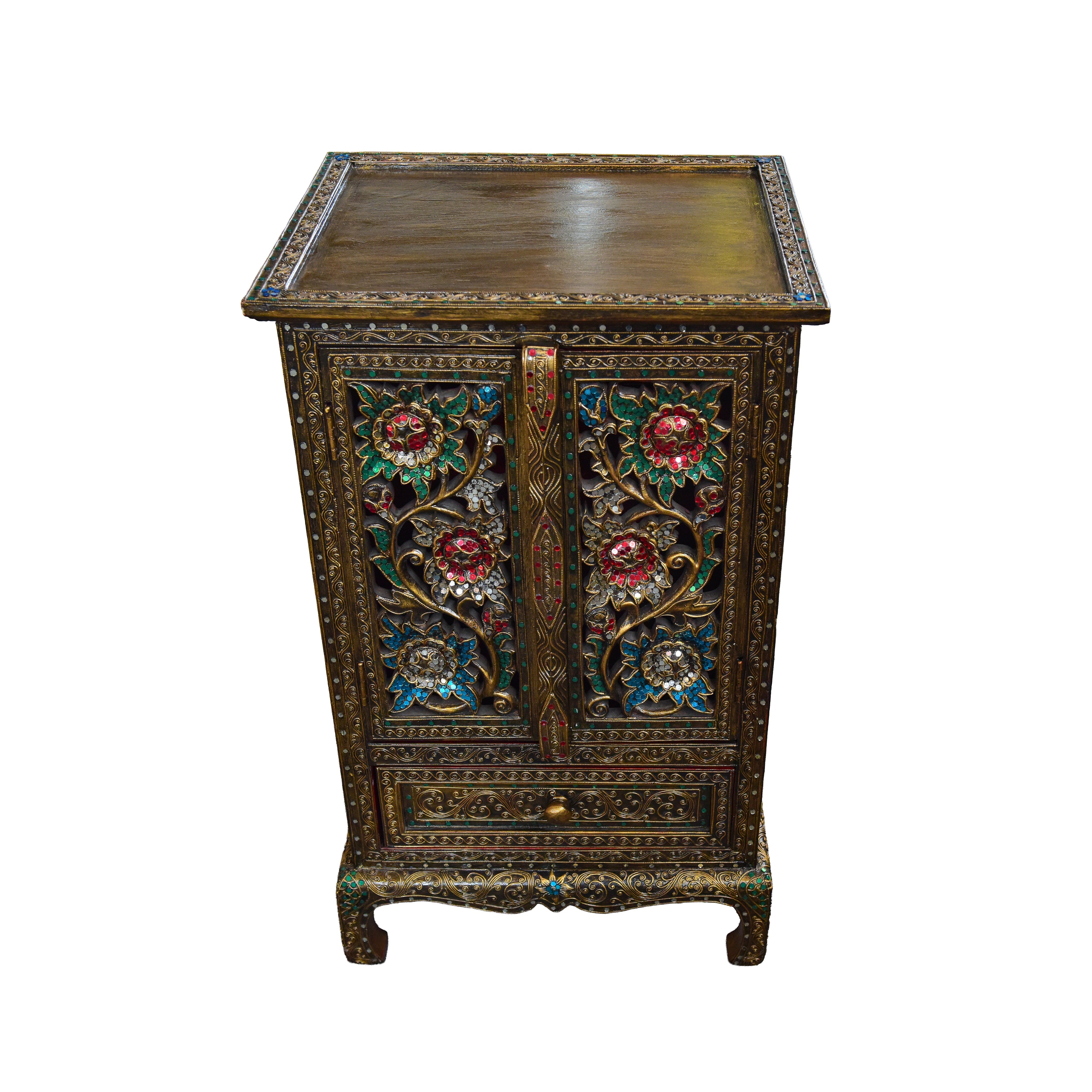 Handcrafted Royal Lanna Tall Ornate Cabinet with 1 Drawer from Chiang Mai Thailand - Lalanna Design