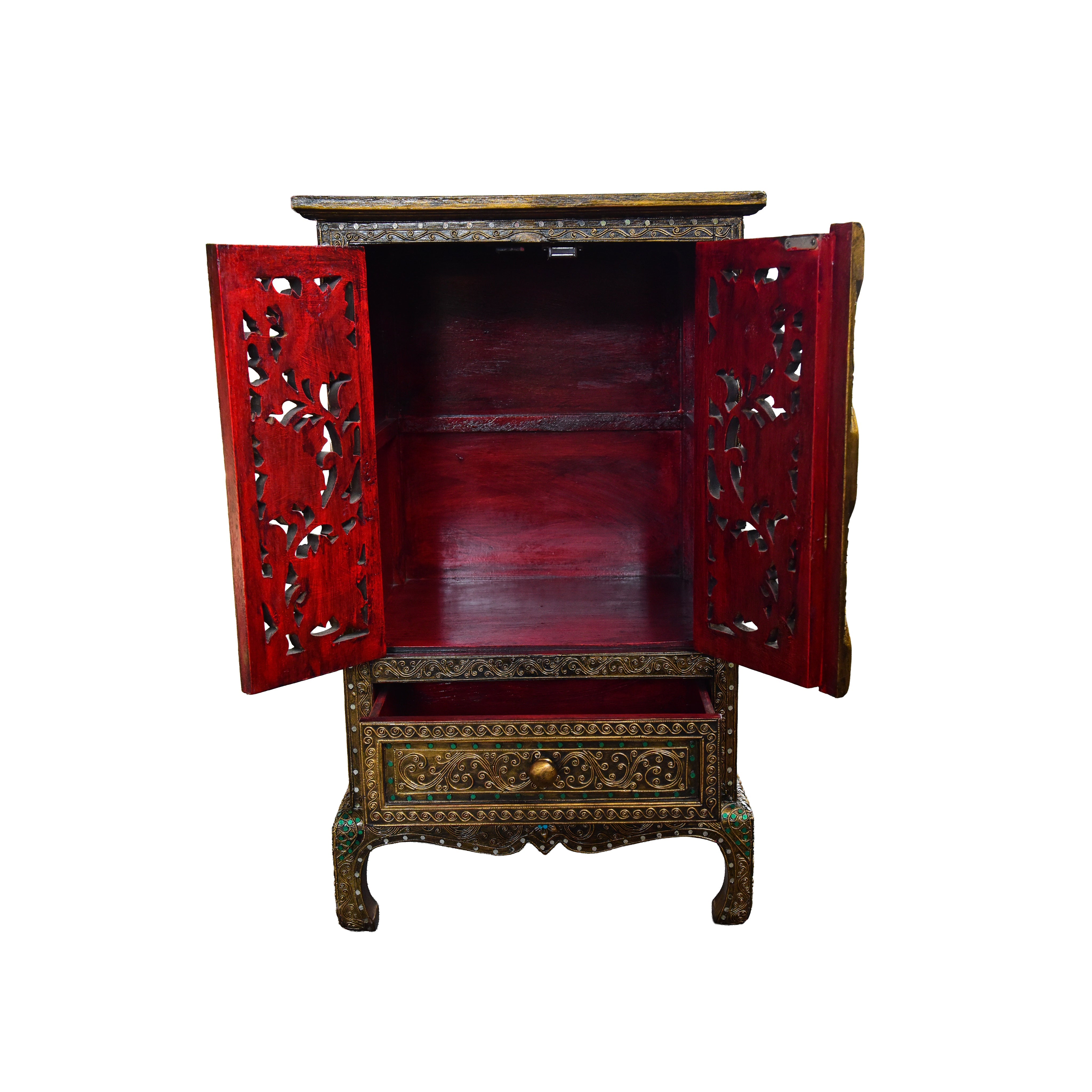 Handcrafted Royal Lanna Tall Ornate Cabinet with 1 Drawer from Chiang Mai Thailand - Lalanna Design