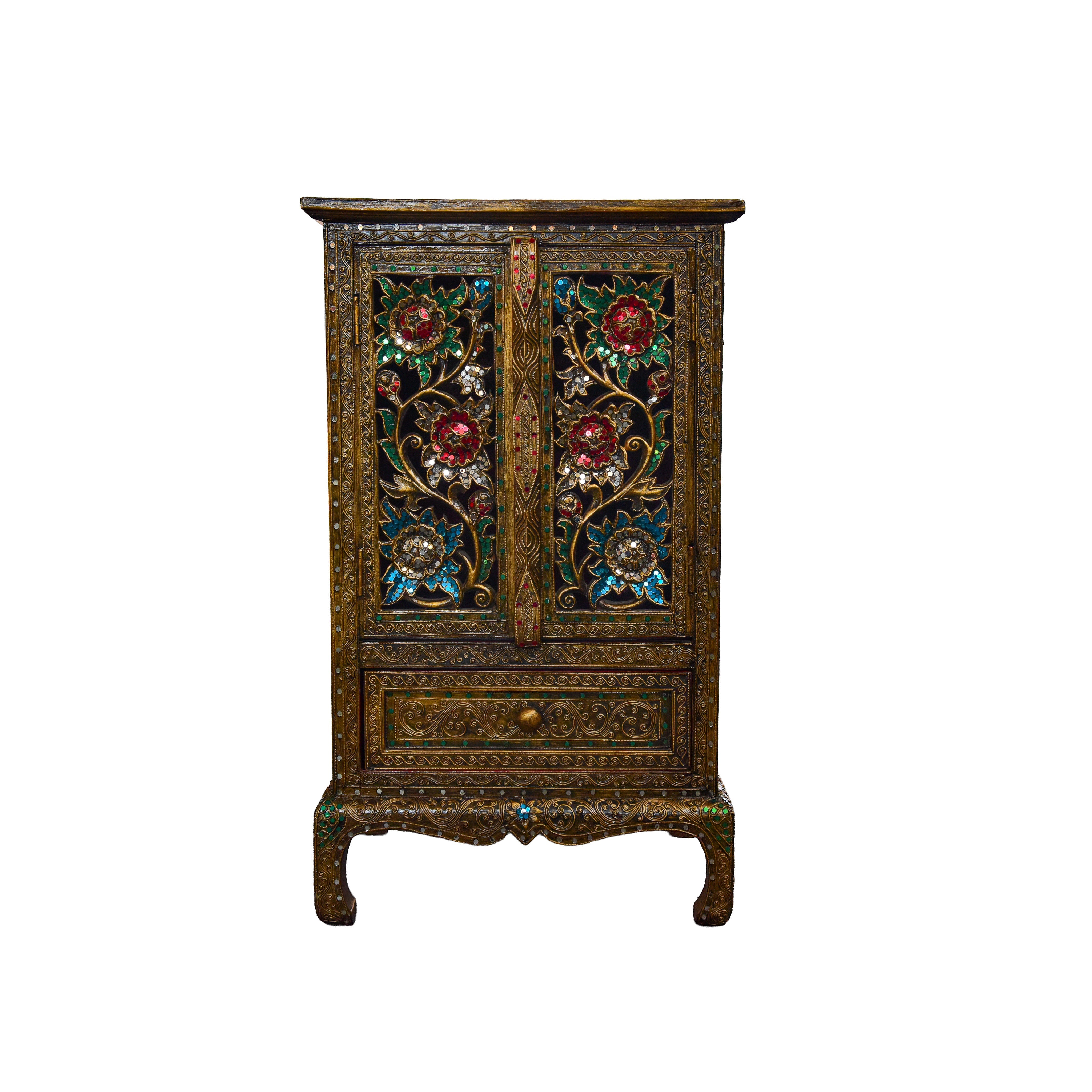 Handcrafted Royal Lanna Tall Ornate Cabinet with 1 Drawer from Chiang Rai Thailand - Lalanna Design