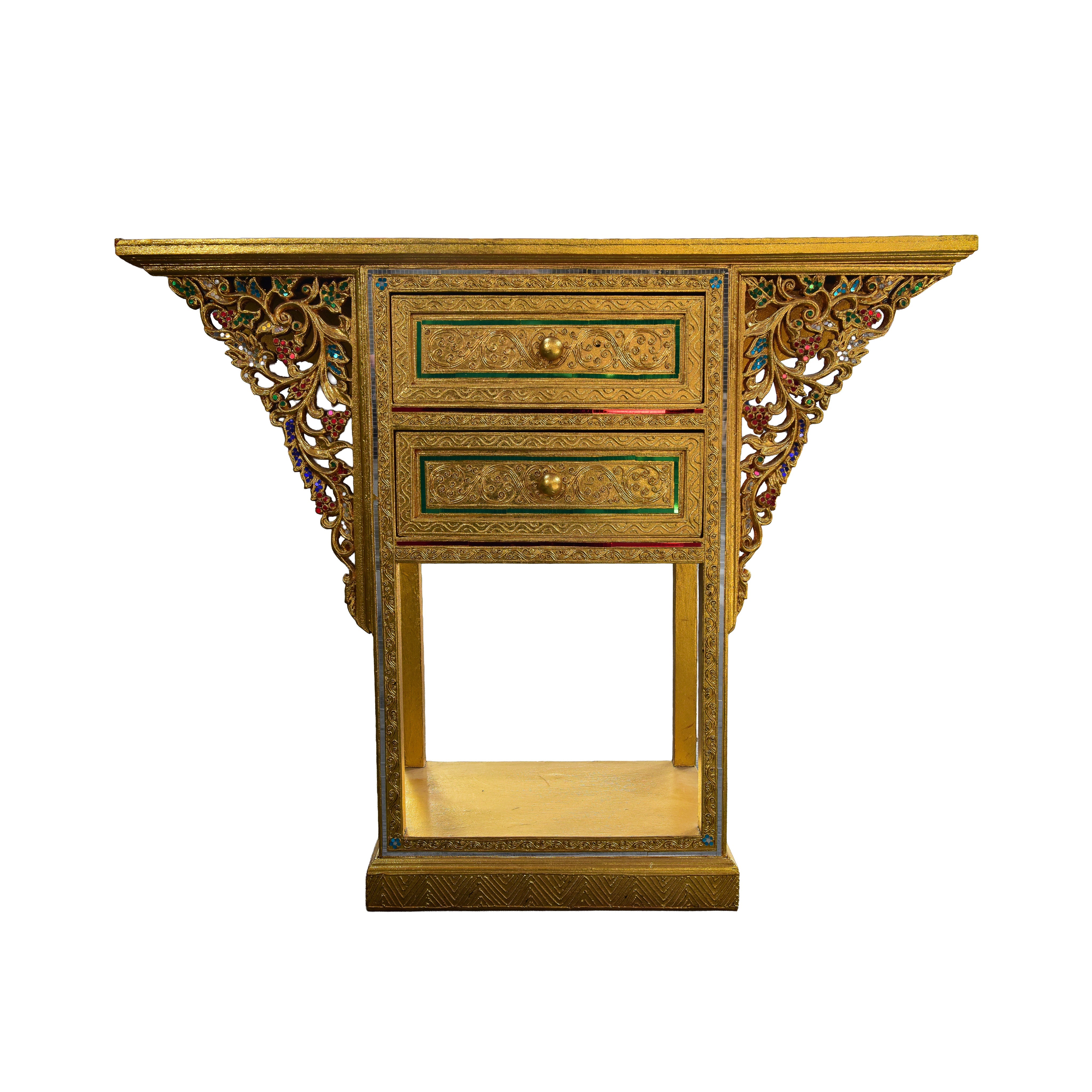 Handcrafted Royal Lanna Triangular Altar Table with 2 Drawers - Gold Edition from Chiang Rai Thailand - Lalanna Design