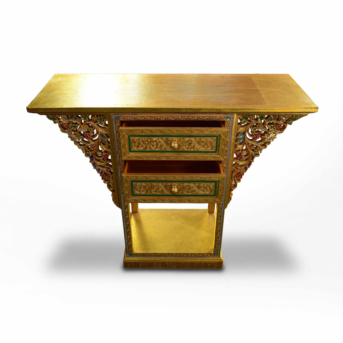 Handcrafted Royal Lanna Triangular Altar Table with 2 Drawers - Gold Edition from Chiang Mai Thailand - Lalanna Design