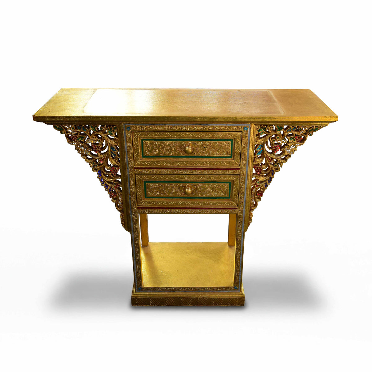 Handcrafted Royal Lanna Triangular Altar Table with 2 Drawers - Gold Edition from Chiang Mai Thailand - Lalanna Design