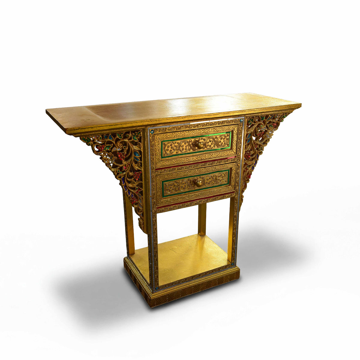 Handcrafted Royal Lanna Triangular Altar Table with 2 Drawers - Gold Edition from Chiang Mai Thailand - Lalanna Design