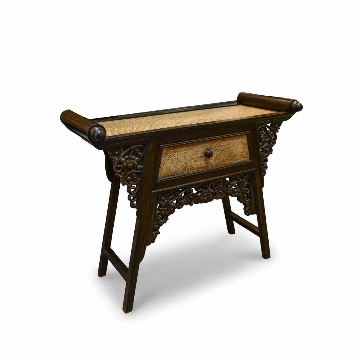 Handcrafted Single-Drawer Console in Solid Thai Hardwood and Woven Bamboo with Grape Carvings from Chiang Mai Thailand - Lalanna Design