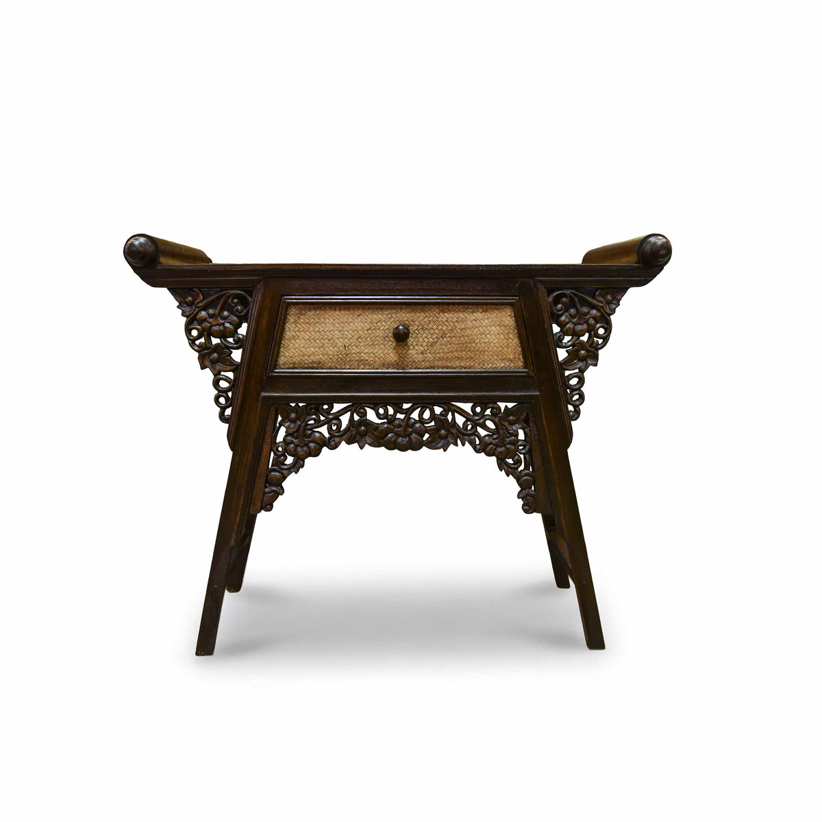 Handcrafted Single-Drawer Console in Solid Thai Hardwood and Woven Bamboo with Grape Carvings from Chiang Mai Thailand - Lalanna Design