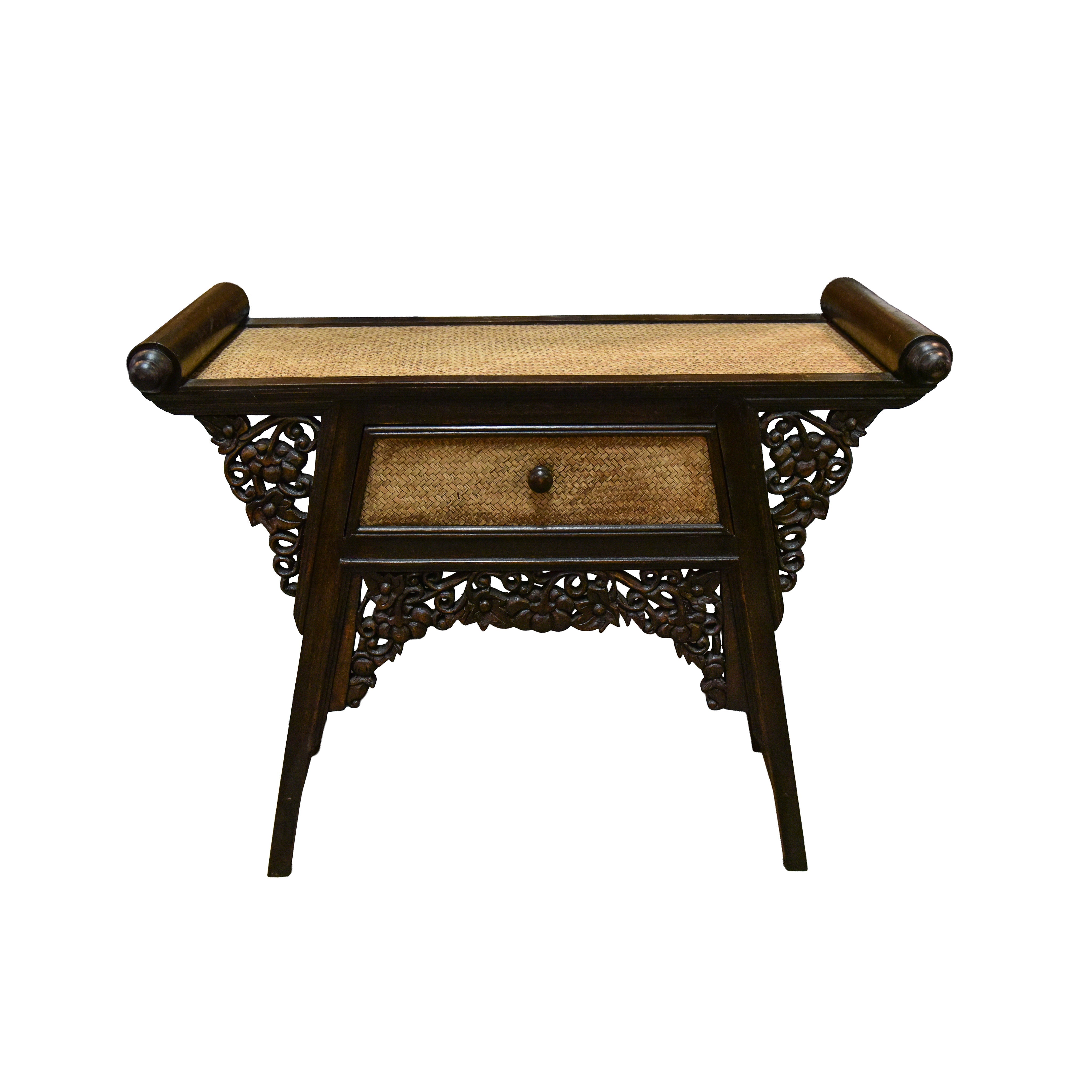 Handcrafted Single-Drawer Console in Solid Thai Hardwood and Woven Bamboo with Grape Carvings from Chiang Mai Thailand - Lalanna Design