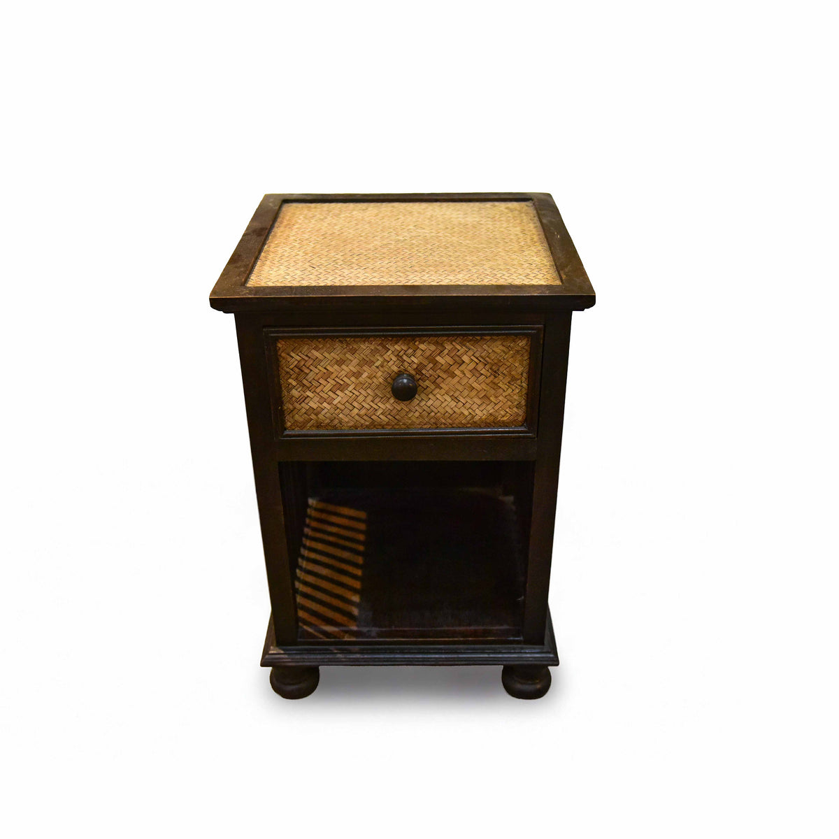 Handcrafted Single-Drawer Nightstand in Solid Thai Hardwood with Woven Bamboo Front and Open Shelf from Chiang Mai Thailand - Lalanna Design