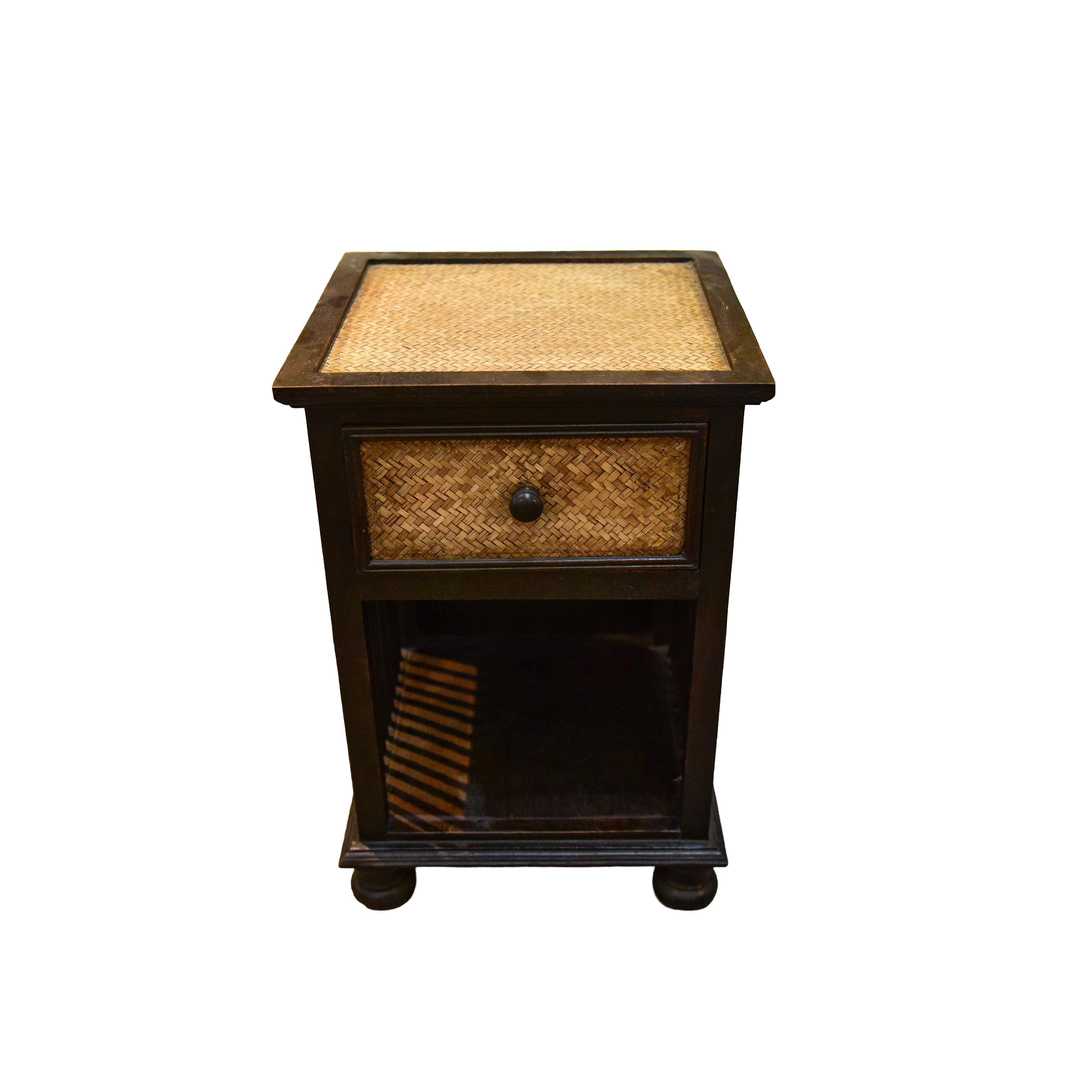 Handcrafted Single-Drawer Nightstand in Solid Thai Hardwood with Woven Bamboo Front and Open Shelf from Chiang Mai Thailand - Lalanna Design